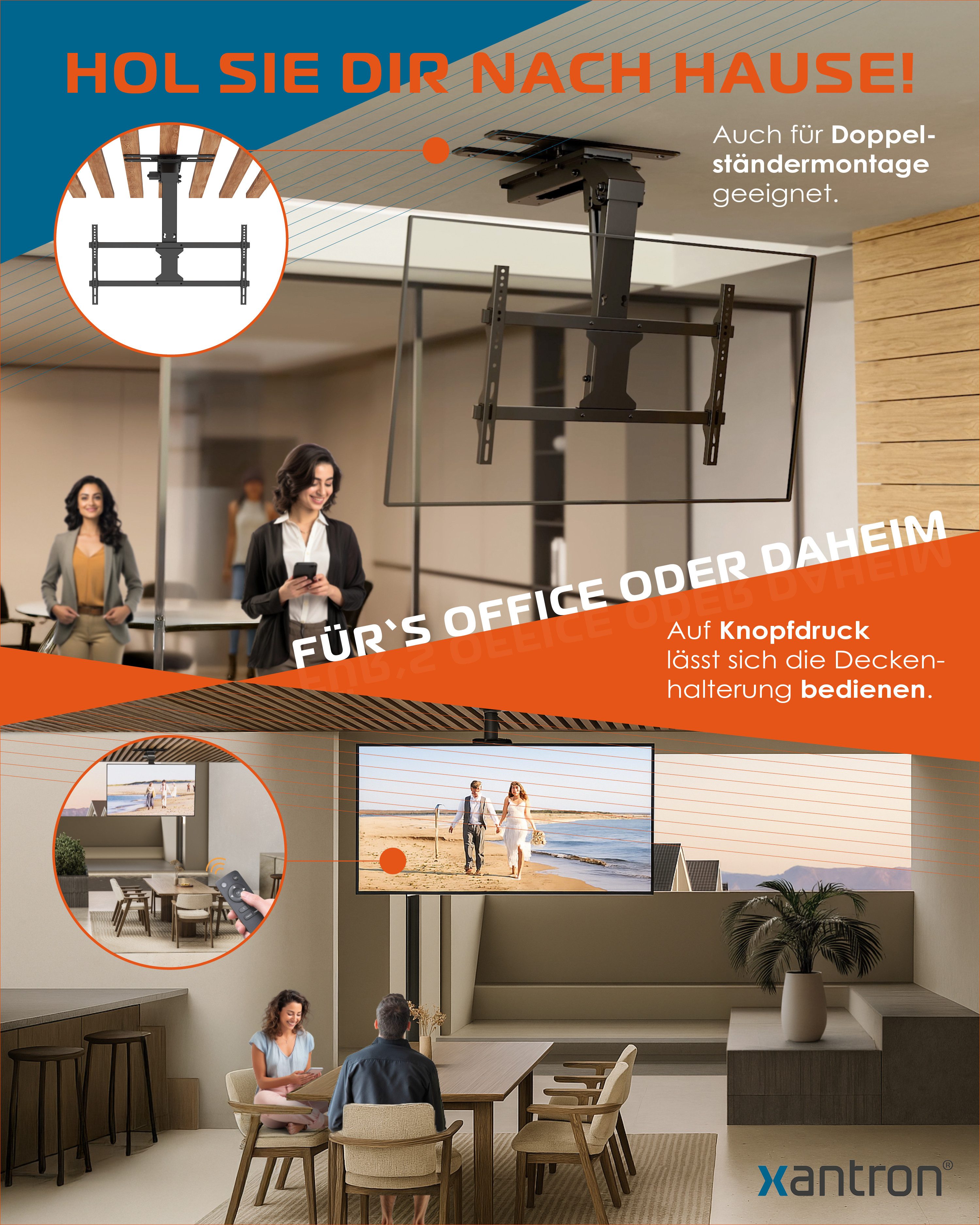 Xantron TV-Deckenhalterung Elektrische motorisierte WiFi Deckenhalterung klappbar drehbar bis 86"