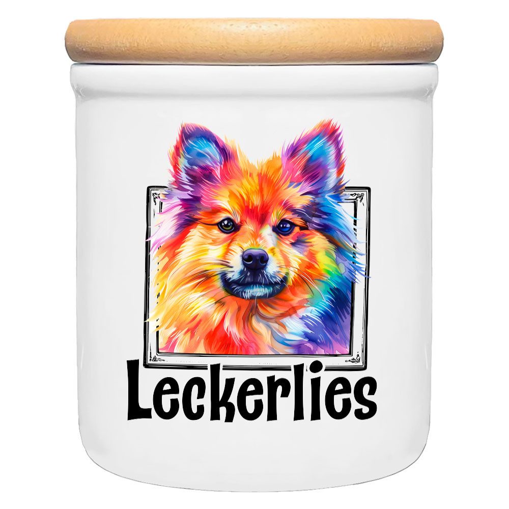 Cadouri Vorratsdose SPITZ - Leckerlidose Hund - für Hundekekse, Keramik, (Leckerlidose mit Hunderasse, 2-tlg., 1x Keramikdose mit Holzdeckel), Hundekeksdose, handgefertigt in Deutschland, für Hundebesitzer, 400 ml