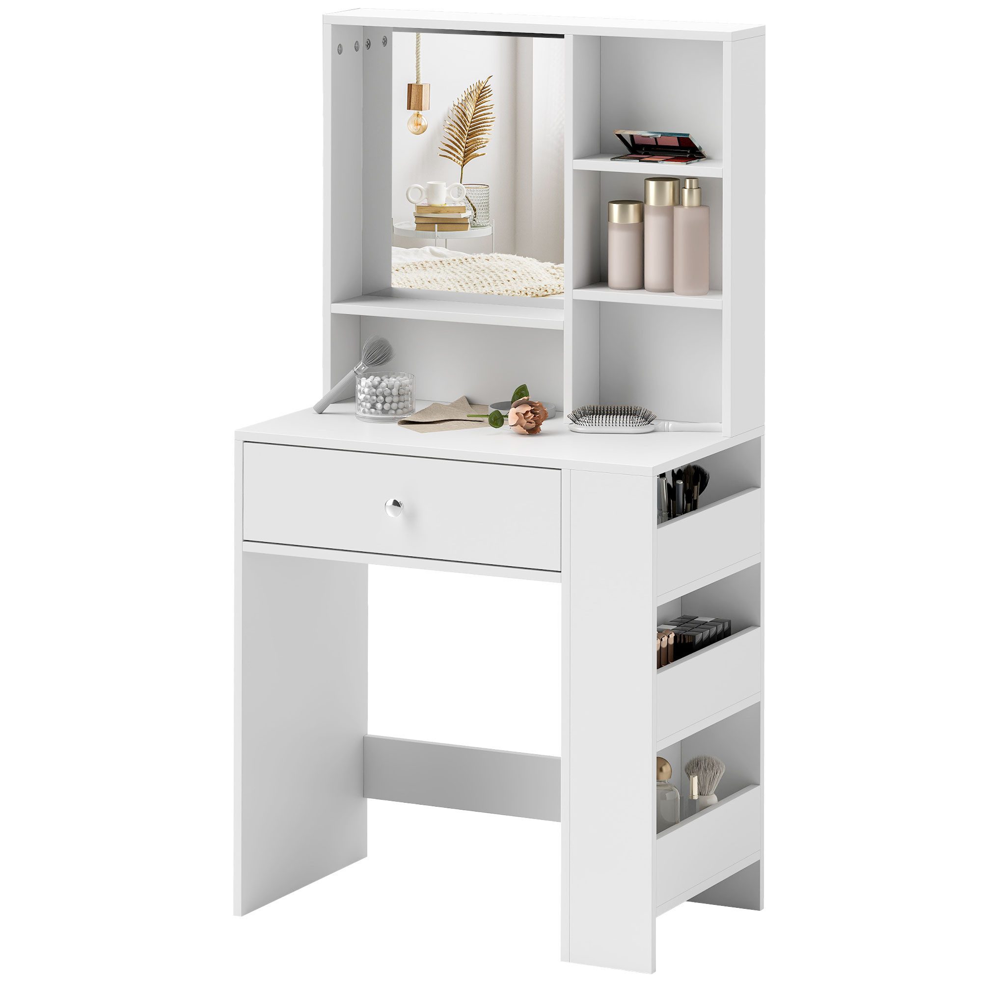 HOMCOM Schminktisch Make-up-Tisch mit Spiegel (Frisiertisch mit Schublade und 7 Fächern, 1-St., moderner Kosmetiktisch für Schlafzimmer), Weiß