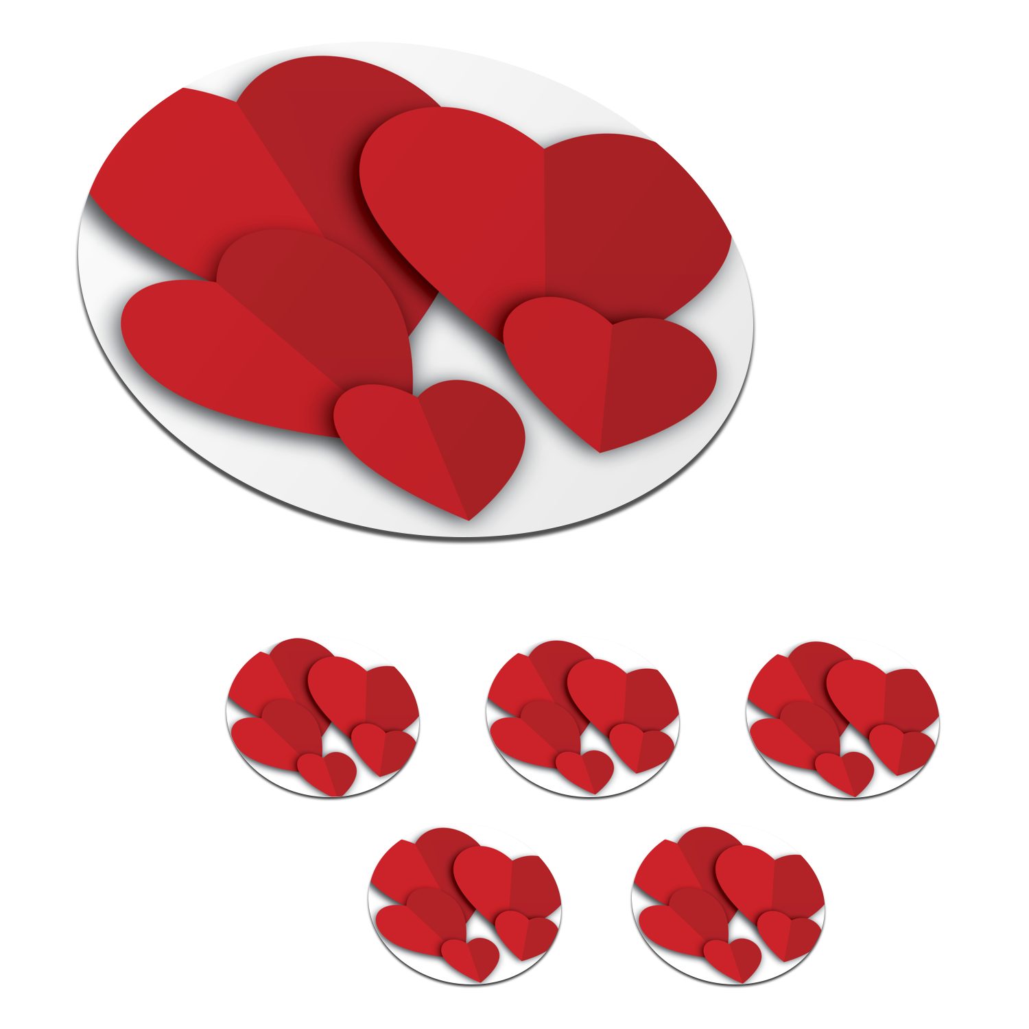 MuchoWow Glasuntersetzer Eine Illustration von fünf roten Herzen, Zubehör für Gläser, 6-tlg., Getränkeuntersetzer, Tassenuntersetzer, Korkuntersetzer, Tasse, Becher