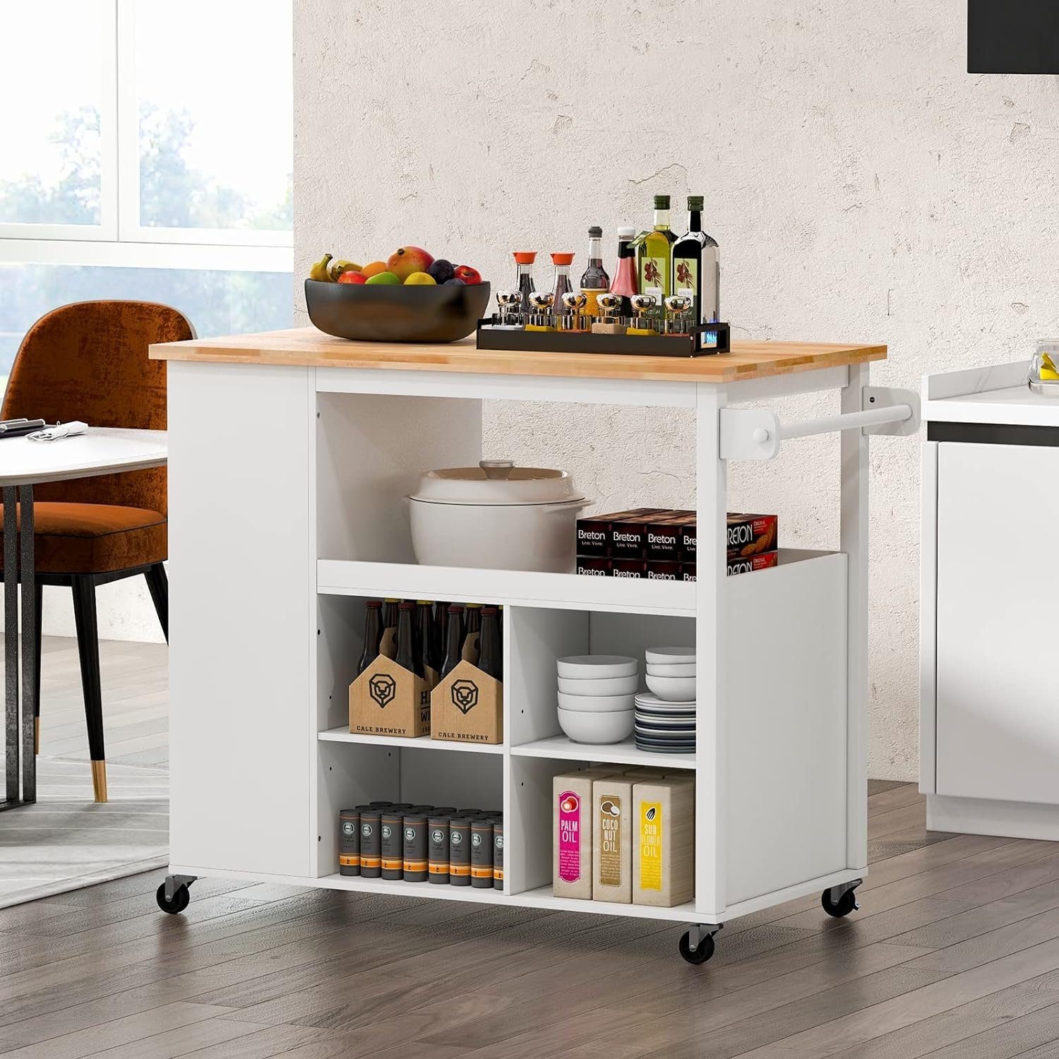 COSTWAY Küchenwagen, mit & Weiß, 4 Handtuchhalter Natur Regalen verstellbaren Schublade