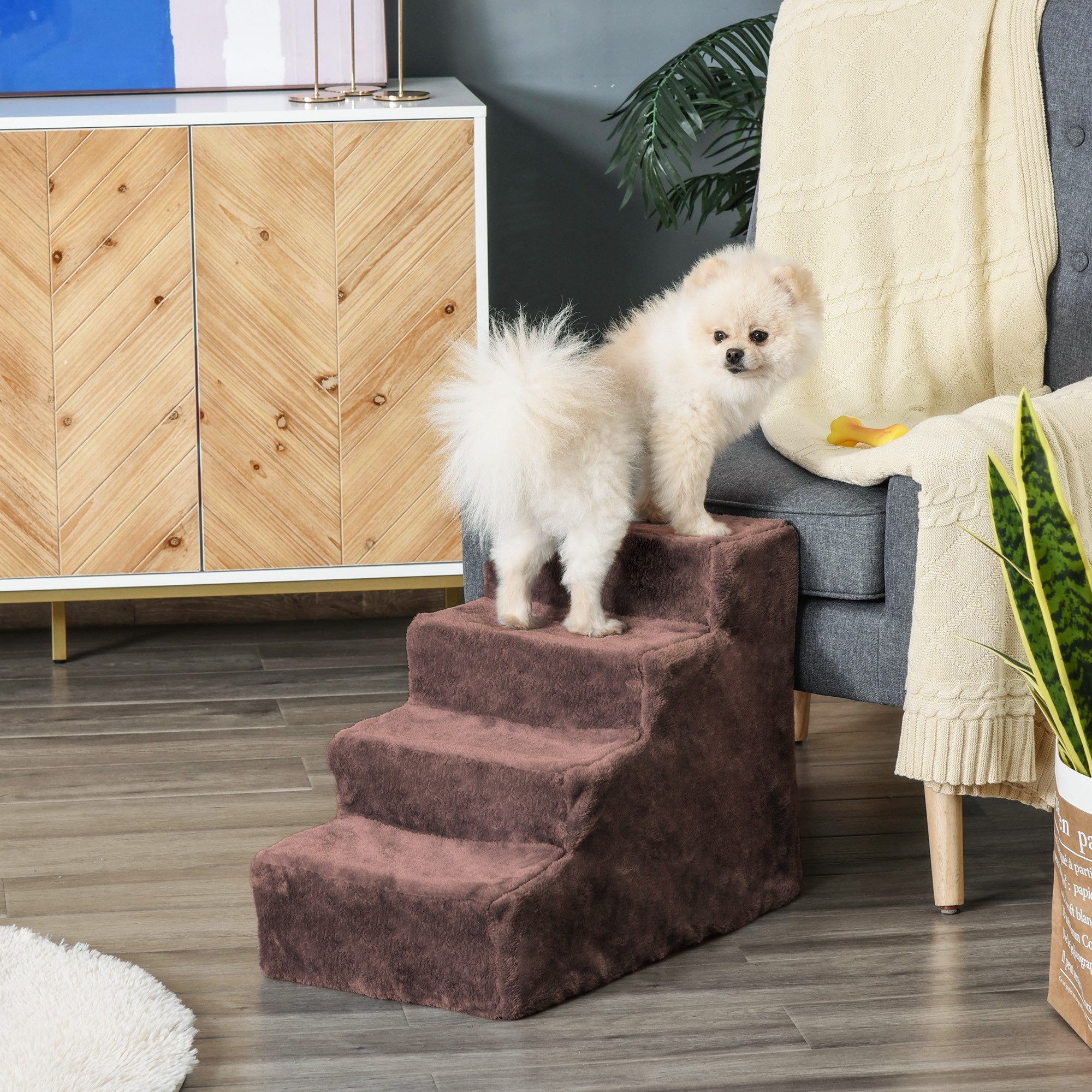 PawHut Haustiertreppe 3 Stufen Hunderampe für Kleine Hunde mit Waschbar Bezug (Haustierleiter, 1-St., Tiertreppe), Braun 60 x 35 x 44 cm