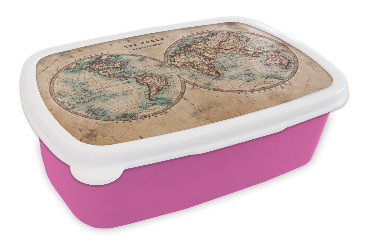 MuchoWow Lunchbox Weltkarte - Vintage - Papyrus - Kinder - Junge - Mädchen, Kunststoff, (2-tlg), Brotbox für Erwachsene, Brotdose Kinder, Snackbox, Mädchen, Kunststoff rosa