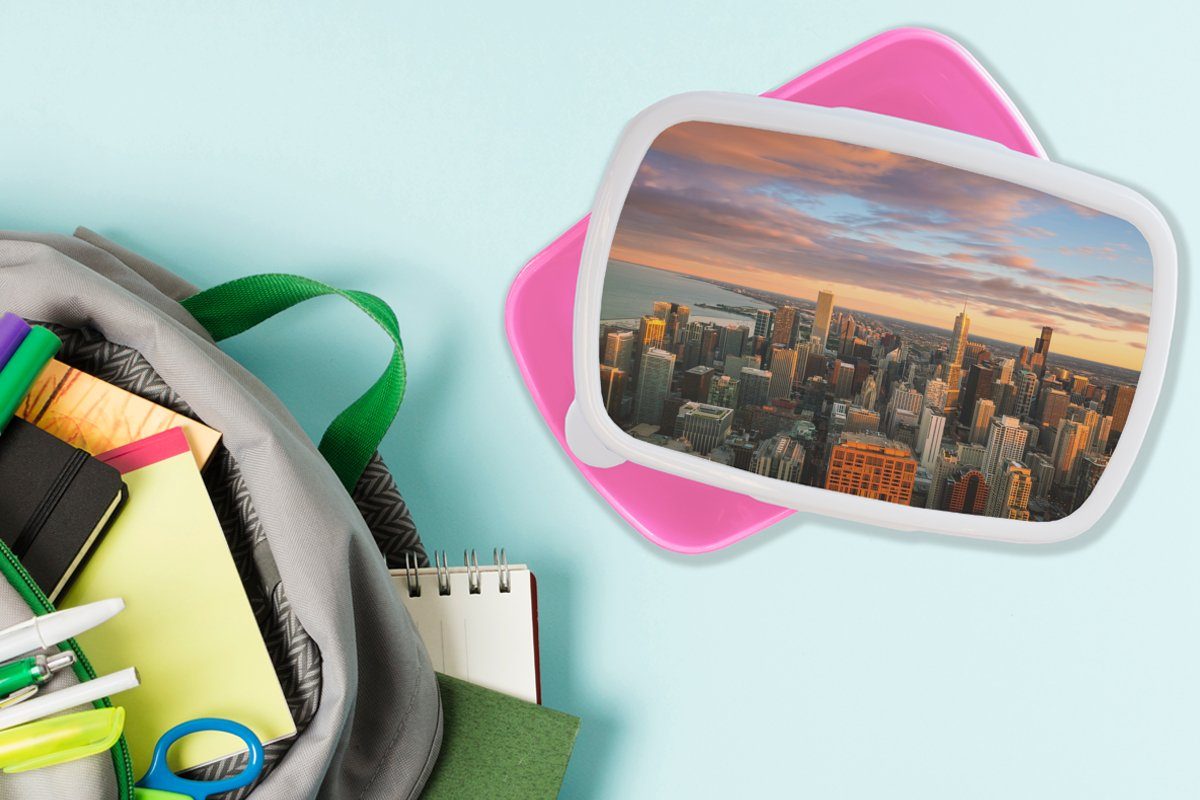Snackbox, Stadt Amerika, MuchoWow Brotbox Kinder, Erwachsene, für Kunststoff Brotdose - Lunchbox Mädchen, - Skyline Wolken rosa (2-tlg), Kunststoff, -