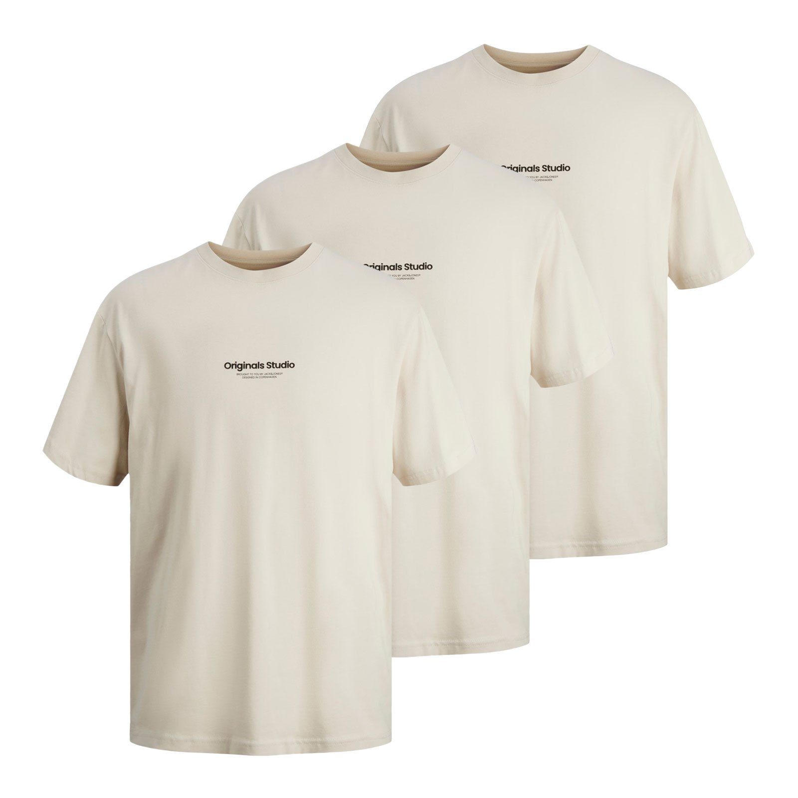 Jack & Jones T-Shirt 3er Pack Jorvesterbro Tee SS Crew Neck mit modischem Schriftzug auf der Vorderseite moonbeam