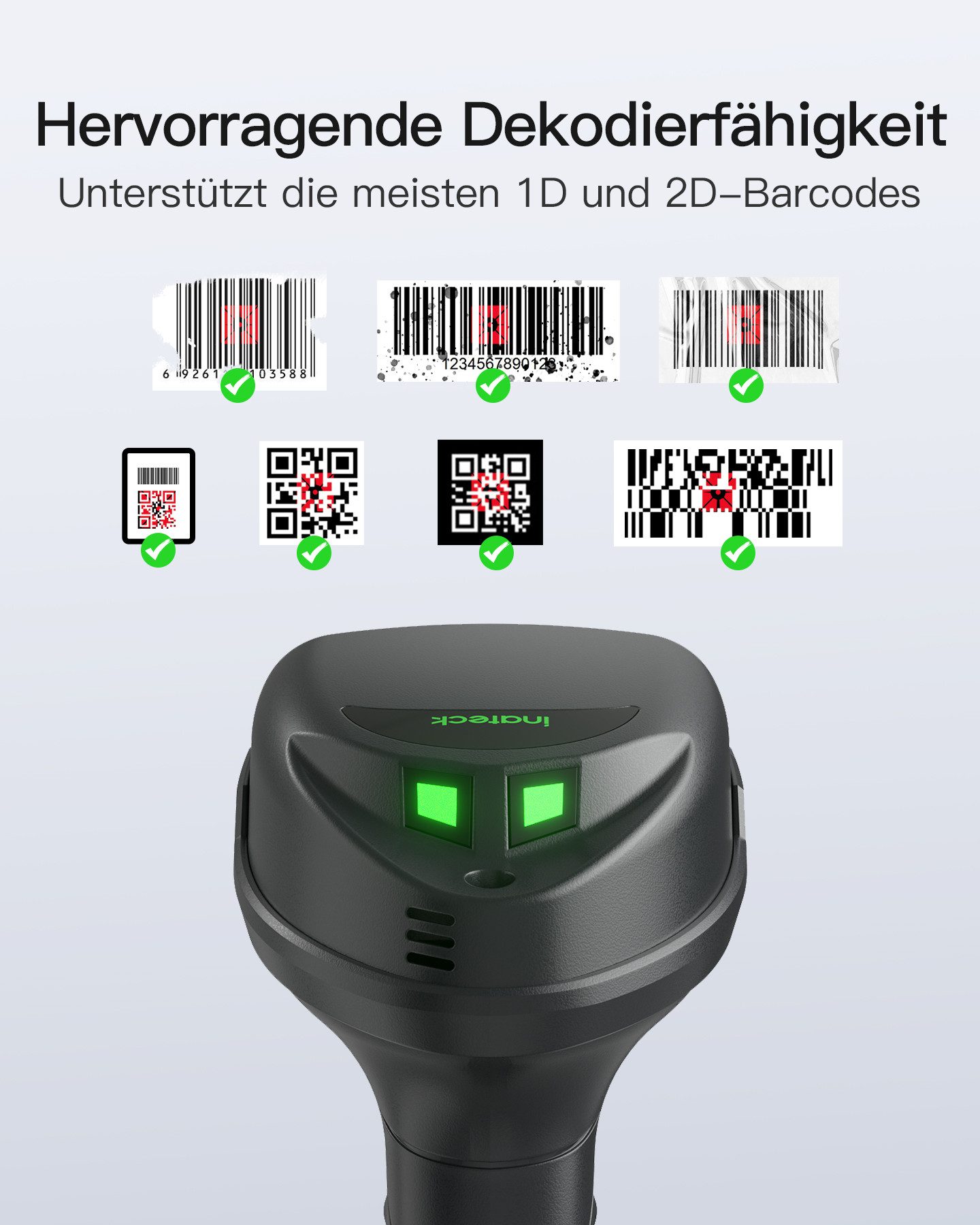 Inateck Barcode Scanner Kabellose, QR Code Scanner 1D/2D, 3-in-1-Konnektivität Handscanner, (mit Smart Base)