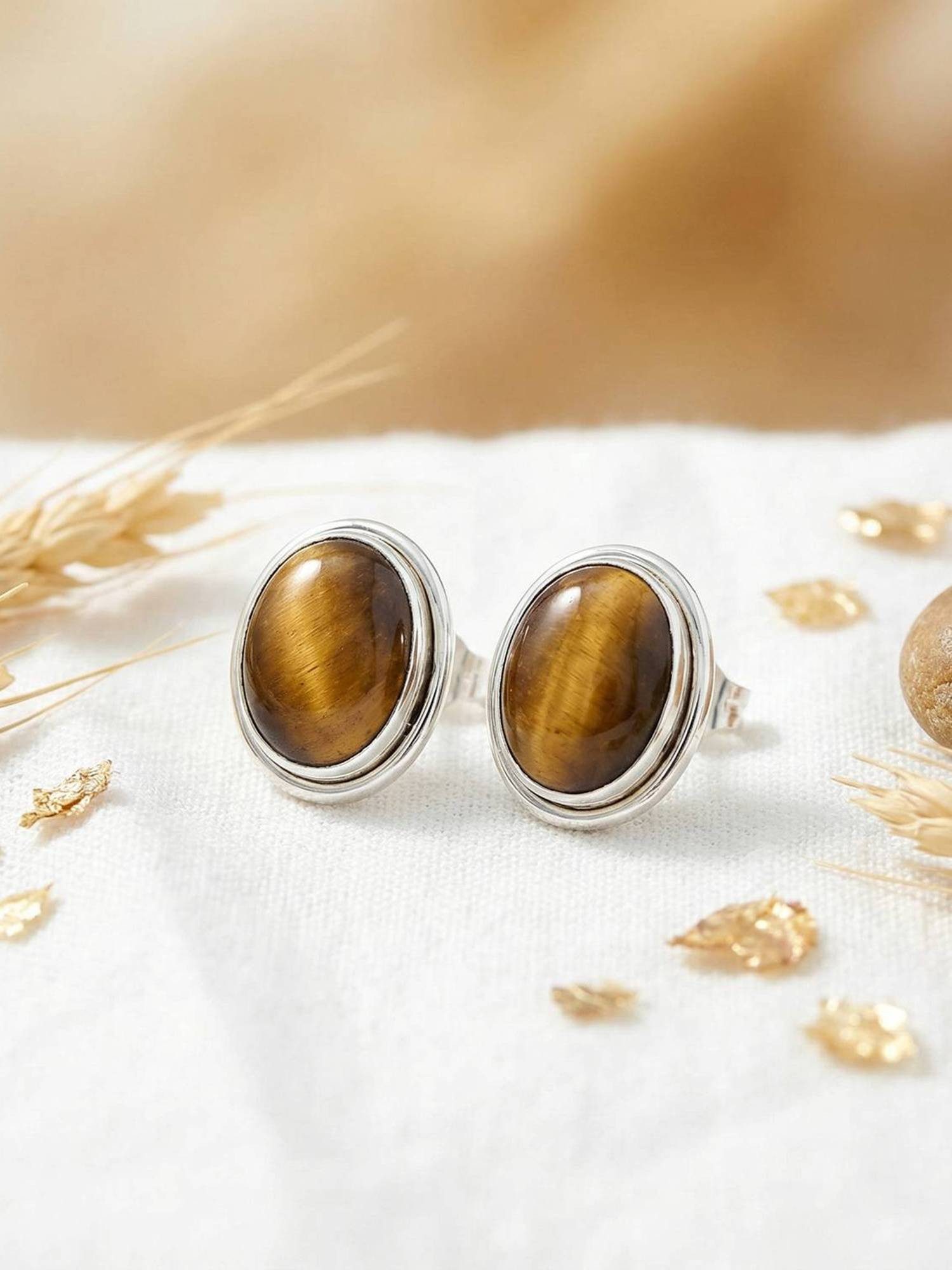 mantraroma Paar Ohrstecker SARALA oval medium aus 925 Silber mit Tigerauge (Paar, Paar Ohrringe mit Schmuckbeutel), 925 Sterling Silber Ohrringe für Damen
