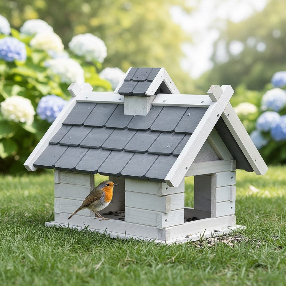 Mucola Vogelhaus Vogelvilla Grau Weiß Holz Vogelfutterhaus Vogelhaus Dach Vogelhäuschen, Eine kleine Erhöhung am Rand sorgt dafür, dass kein Futter herausfällt