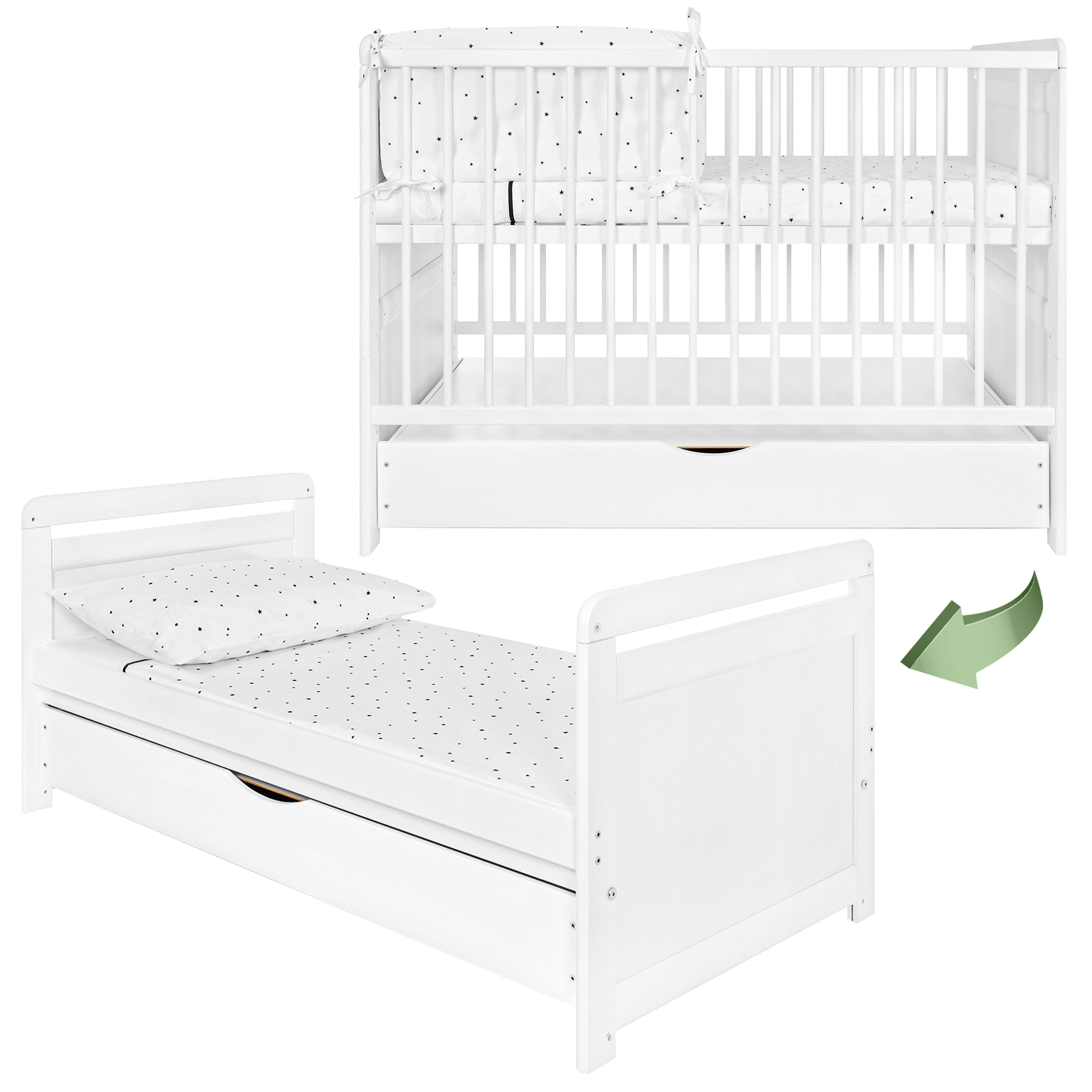 Babybett Gitterbett 2 in 1 umbaubar zum Kinderbett 120x60 cm aus Kiefernholz