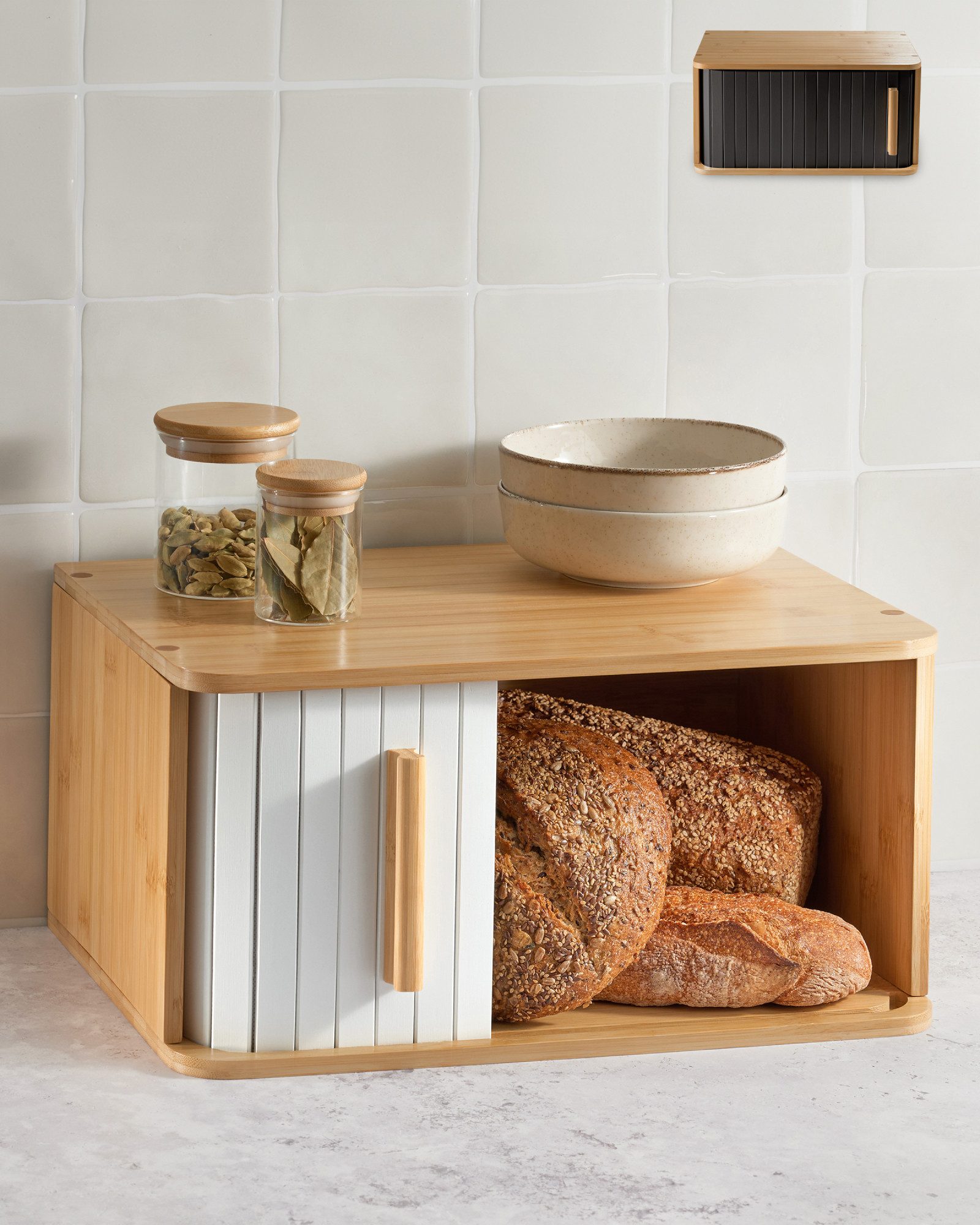 Praknu Brotkasten Großer Brotkasten aus Bambus mit weißer Tür, Bambus, FSC® Holz - Platzsparend und stilvolle Brotbox für längere Frische