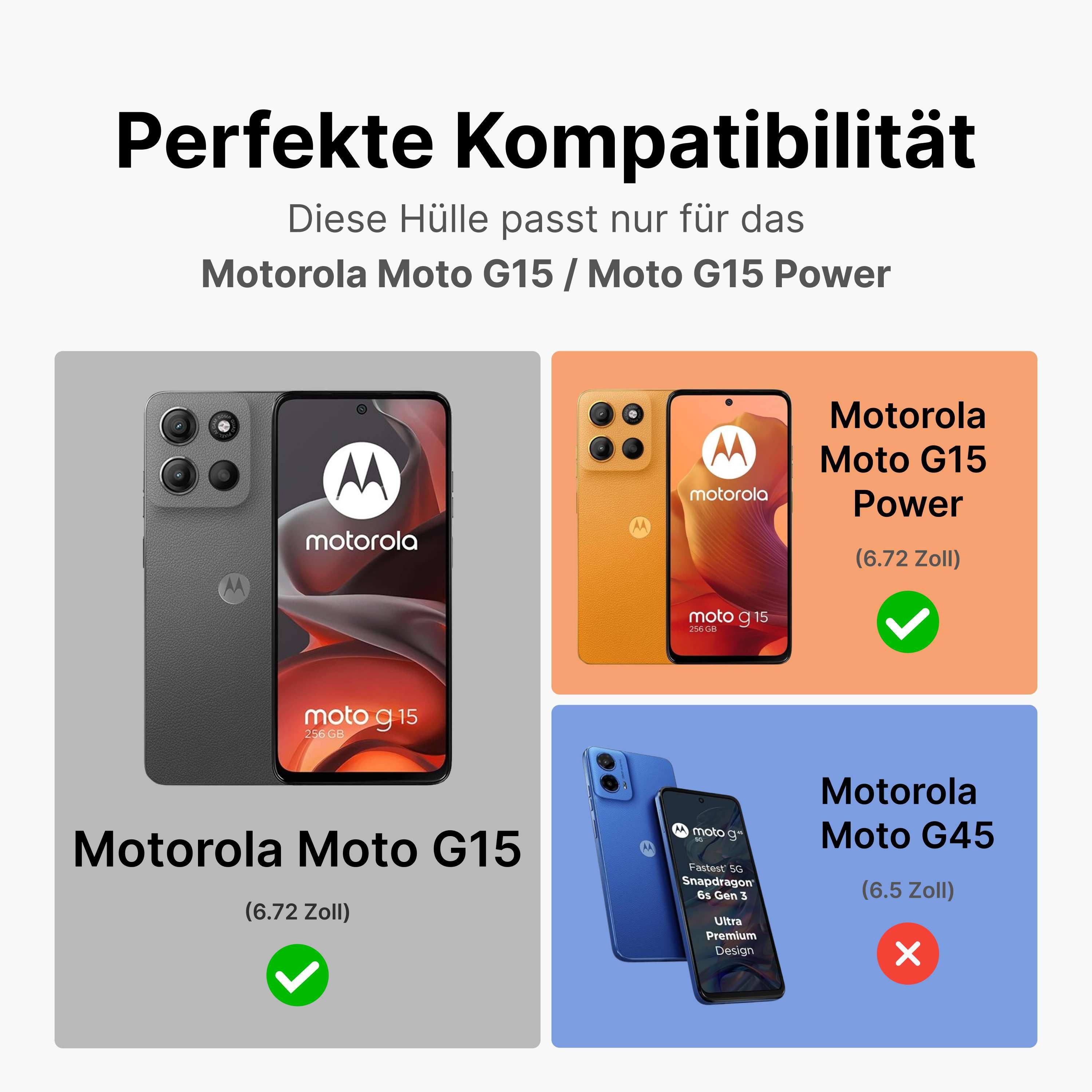 betterfon Handyhülle für Motorola Moto G15 / G15 Power Handytasche, Bookstyle-Hülle: Magnetverschluss 3 Kartenfächer & Standfunktion