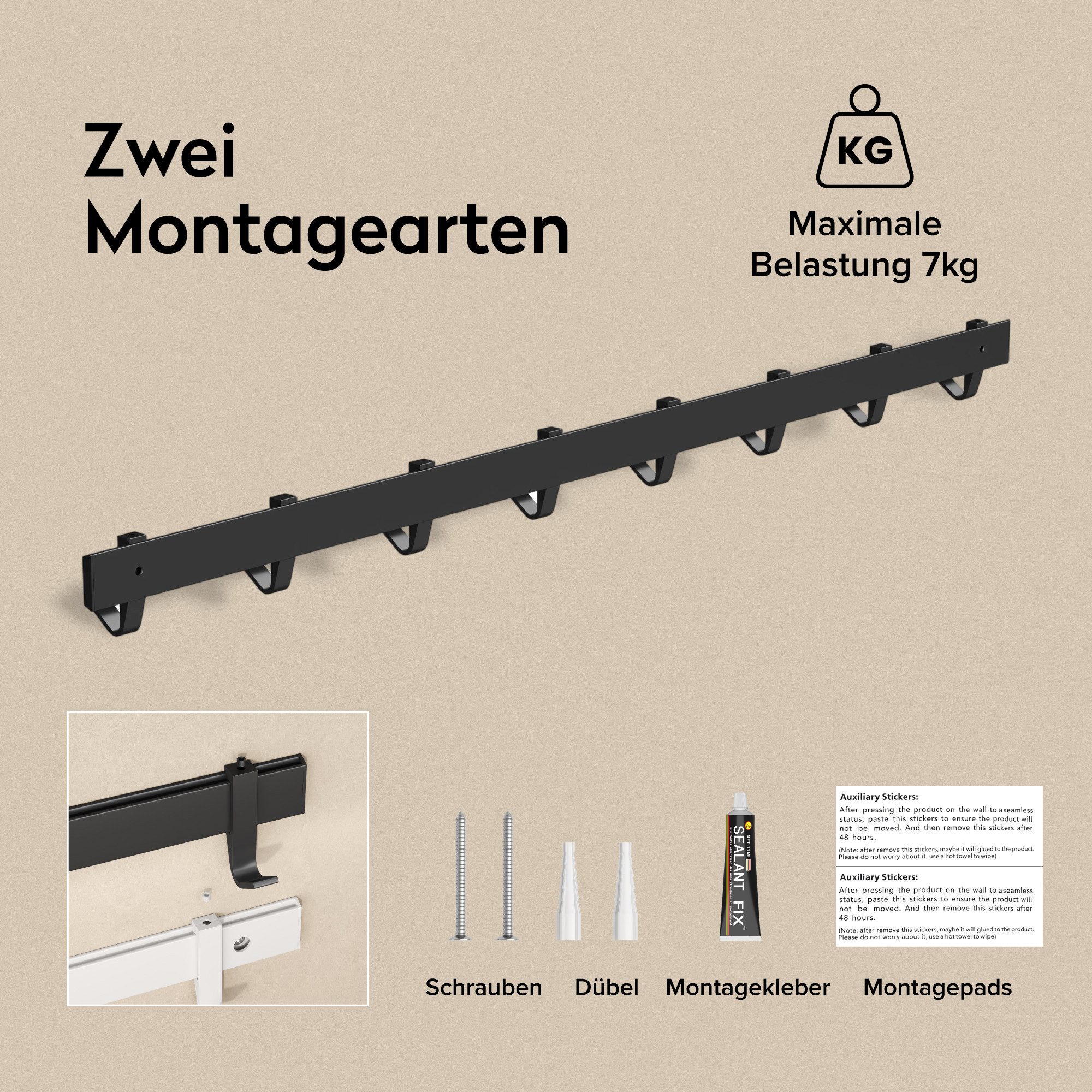 doporro Garderobenleiste Kleiderhaken 4/6/8 Verschiebbare Alu-Wandhaken selbstklebend Stalo-12 (6 St), 4 Verschiebbare Wandhaken aus Alu – Bild 4 von 5