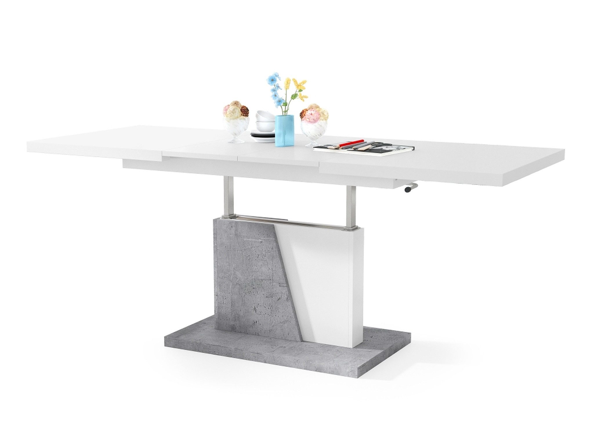 Mazzoni Couchtisch Grand Noir Weiß / Beton stufenlos höhenverstellbar ausziehbar 120-180, Funktionstisch, Wohnzimmertisch, Tisch, Esstisch, Sofatisch