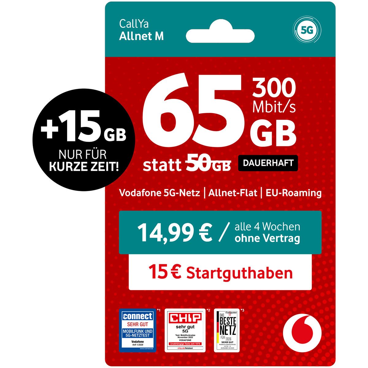 Vodafone CallYa Allnet M Prepaidkarte, (65 GB statt 50 GB, 15 € Guthaben, ohne Vertrag, 5G, Allnet-Flat)
