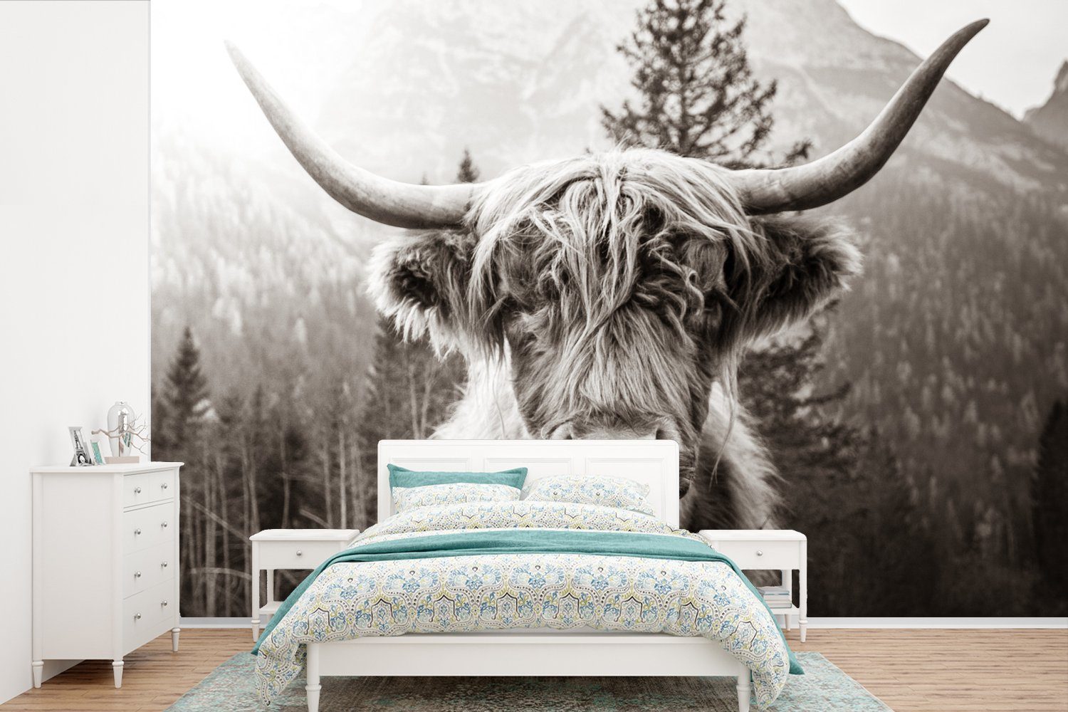 MuchoWow Fototapete Schottischer Highlander - Kuh - Tiere - Schwarz - Weiß, Matt, bedruckt, (6 St), Wallpaper für Wohnzimmer, Schlafzimmer, Kinderzimmer, Vinyl Tapete