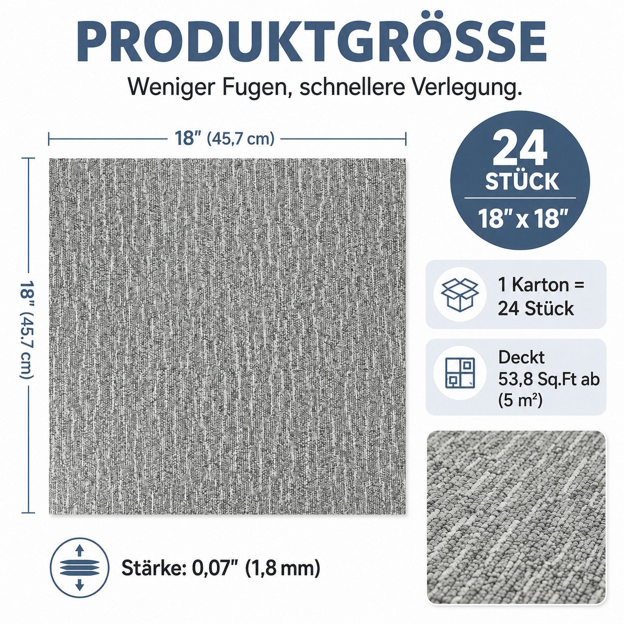 BlingBin Teppichfliese selbstklebend 24 Stück 45,7x45,7 cm, Teppichboden Fliesen zuschneidbar, quadratisch, Höhe: 1.8 mm, Teppichbodenfliesen mit PVC-Rücken für Wohnzimmer, Schlafzimmer, Büro