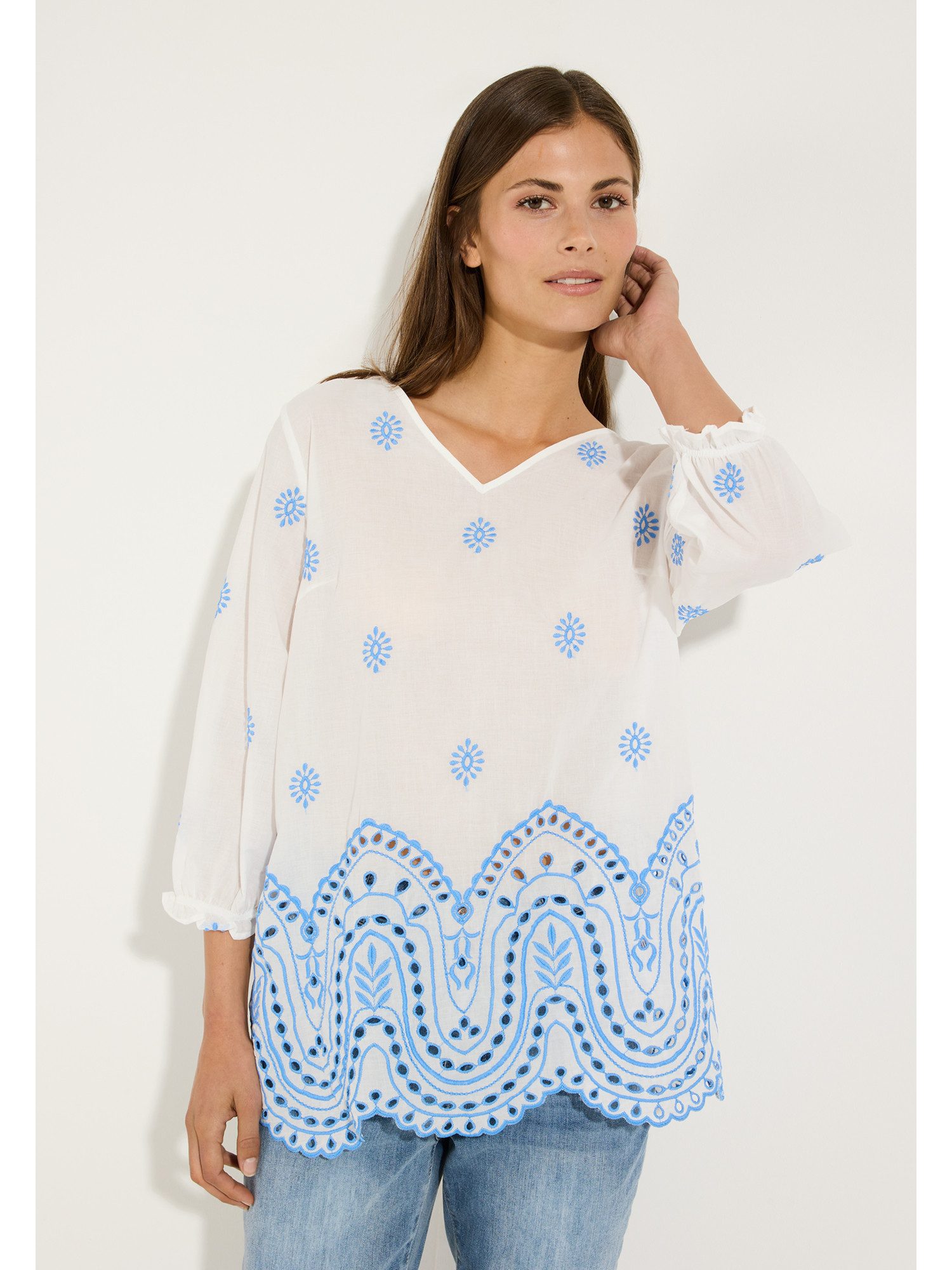 Klassische Bluse luftige 3/4 Arm-Tunika, Lochspitze