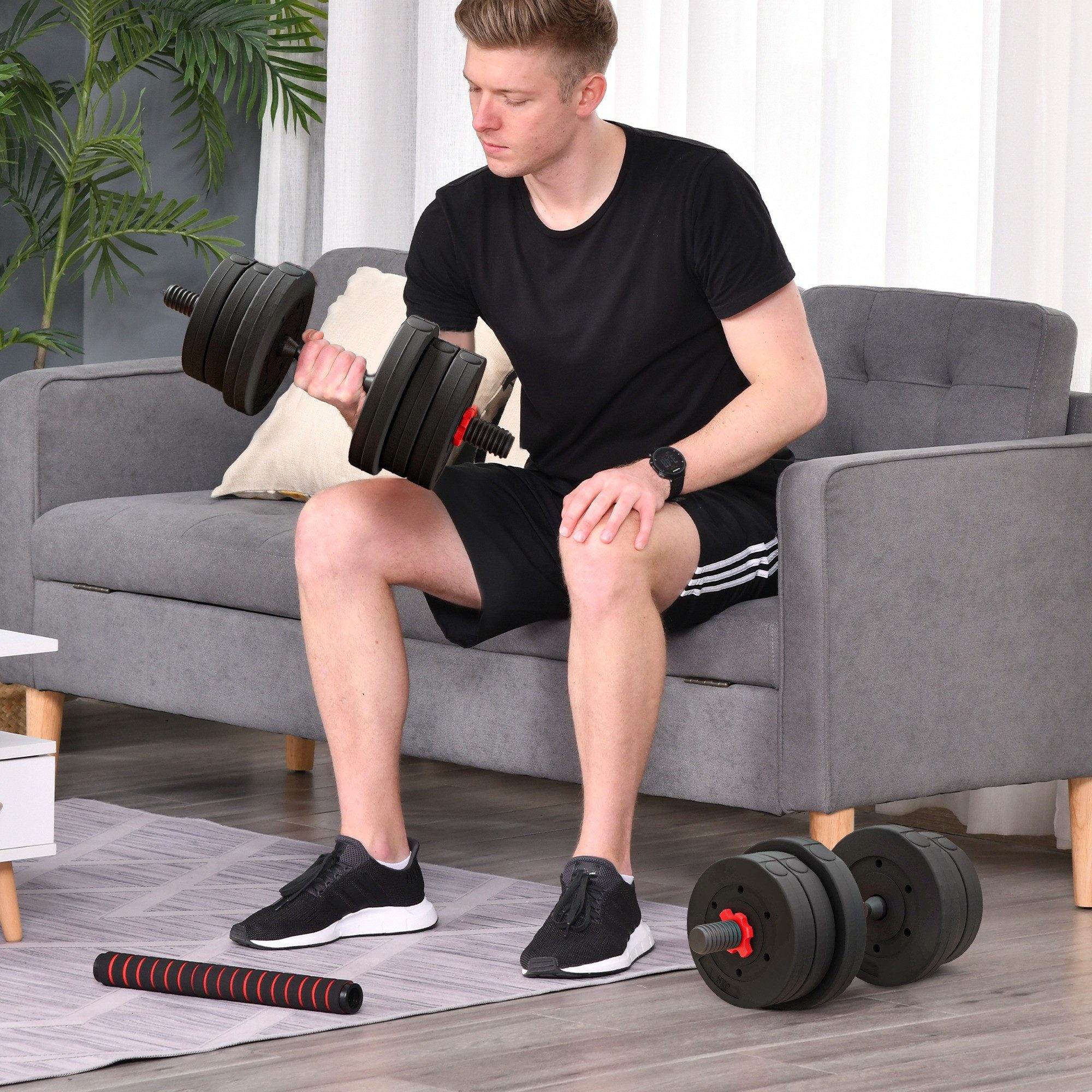 HOMCOM Hantel-Set 20 kg, (verstellbare Langhantel, 2 in 1 Kurzhanteln Set), für Zuhause Fitness, Schwarz