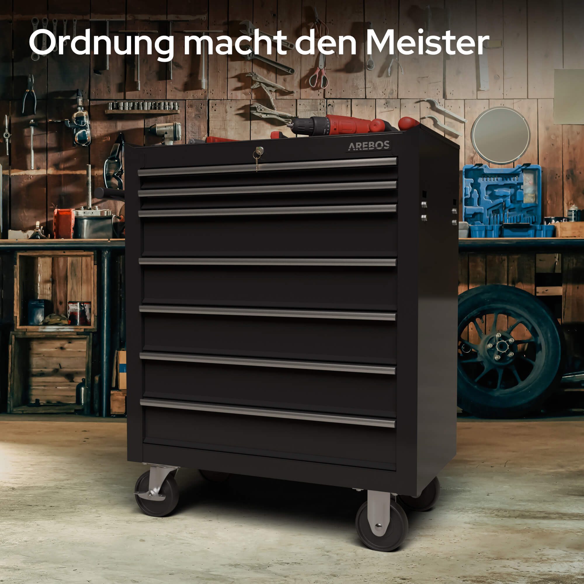 Arebos Werkstattwagen 7-Fächer Rollwagen, Zentral abschließbar mit Antirutschmatten, schwarz, (Werkzeug Rollwagen 7 Fächer) – Bild 5 von 5