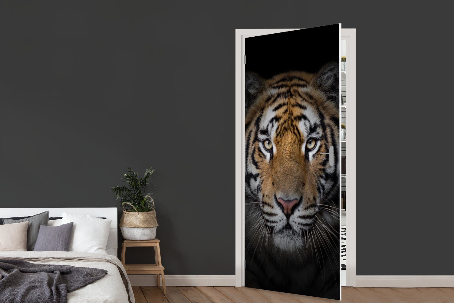 MuchoWow Türtapete Tiger Schwarz Matt, - cm 75x205 (1 Fototapete Tür, Wildtiere Türaufkleber, - Tiere, - bedruckt, - Porträt für St)