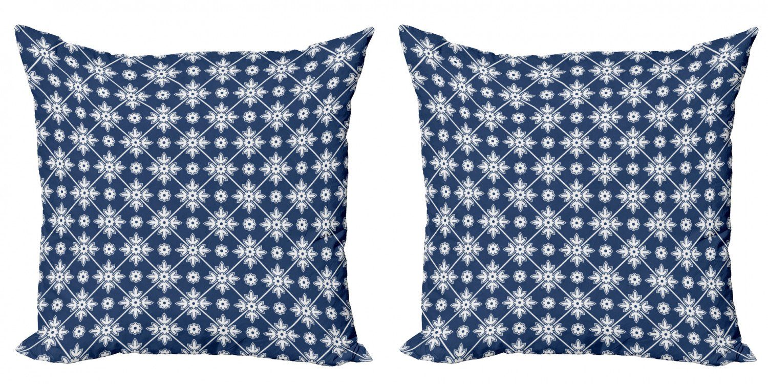Floral Doppelseitiger (2 Checkered Kissenbezüge Accent Stück), Folkloric Blau Abakuhaus Digitaldruck, Modern