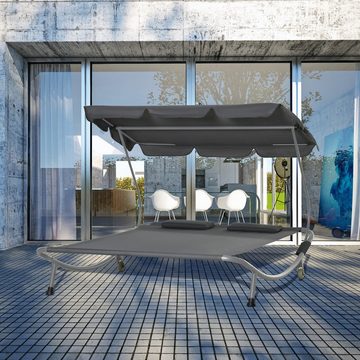 Outsunny Gartenliege Sonnenliege rollbar mit Dach, Relaxliege, 1 St., Doppelliege, Stahl Grau 200 x 175 x 134 cm