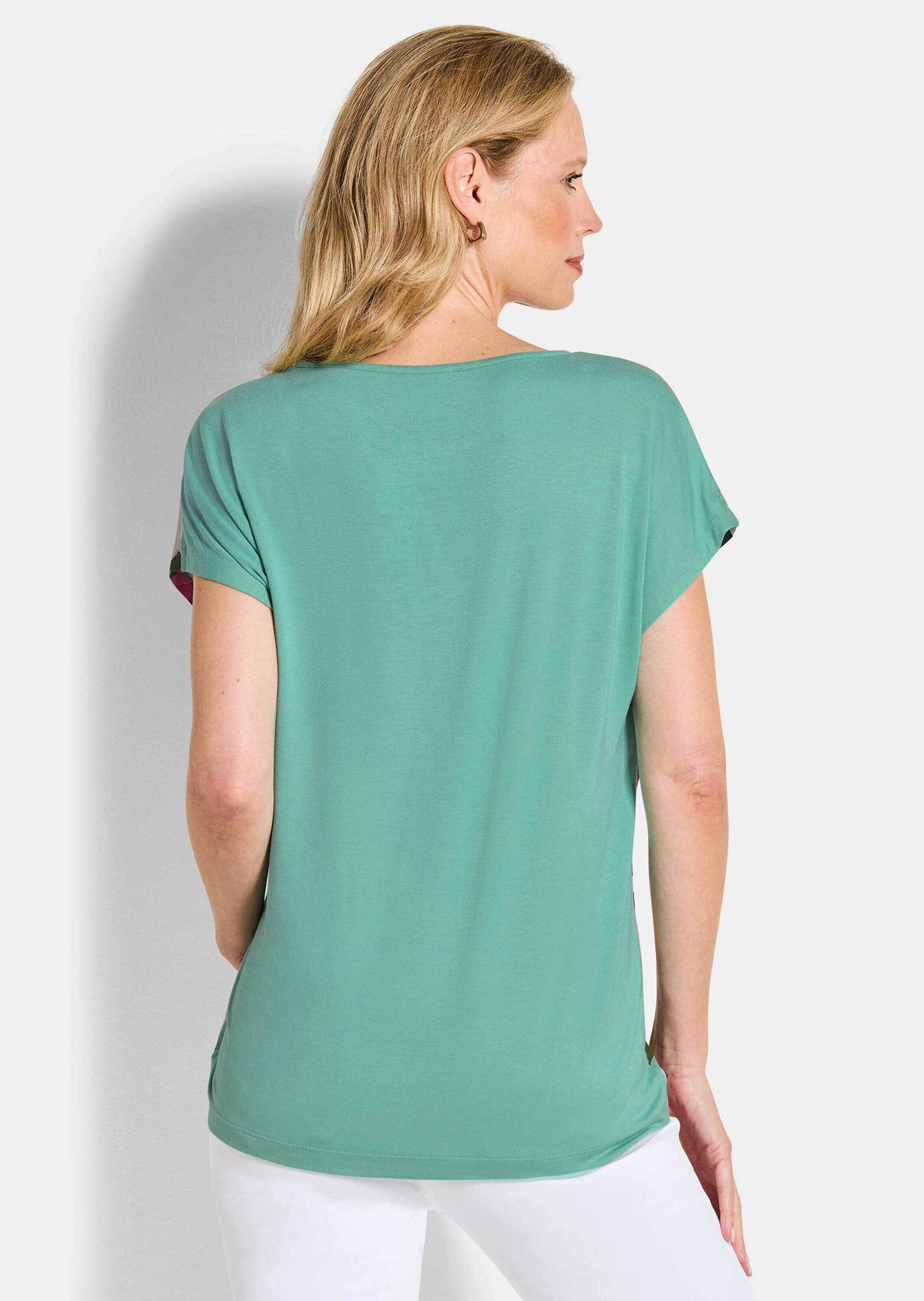 GOLDNER Schlupfbluse Streifenshirt mit floralen Akzenten Viskoseshirt mit U-Boot-Ausschnitt, Jersey-Rückseite und ohne Arm
