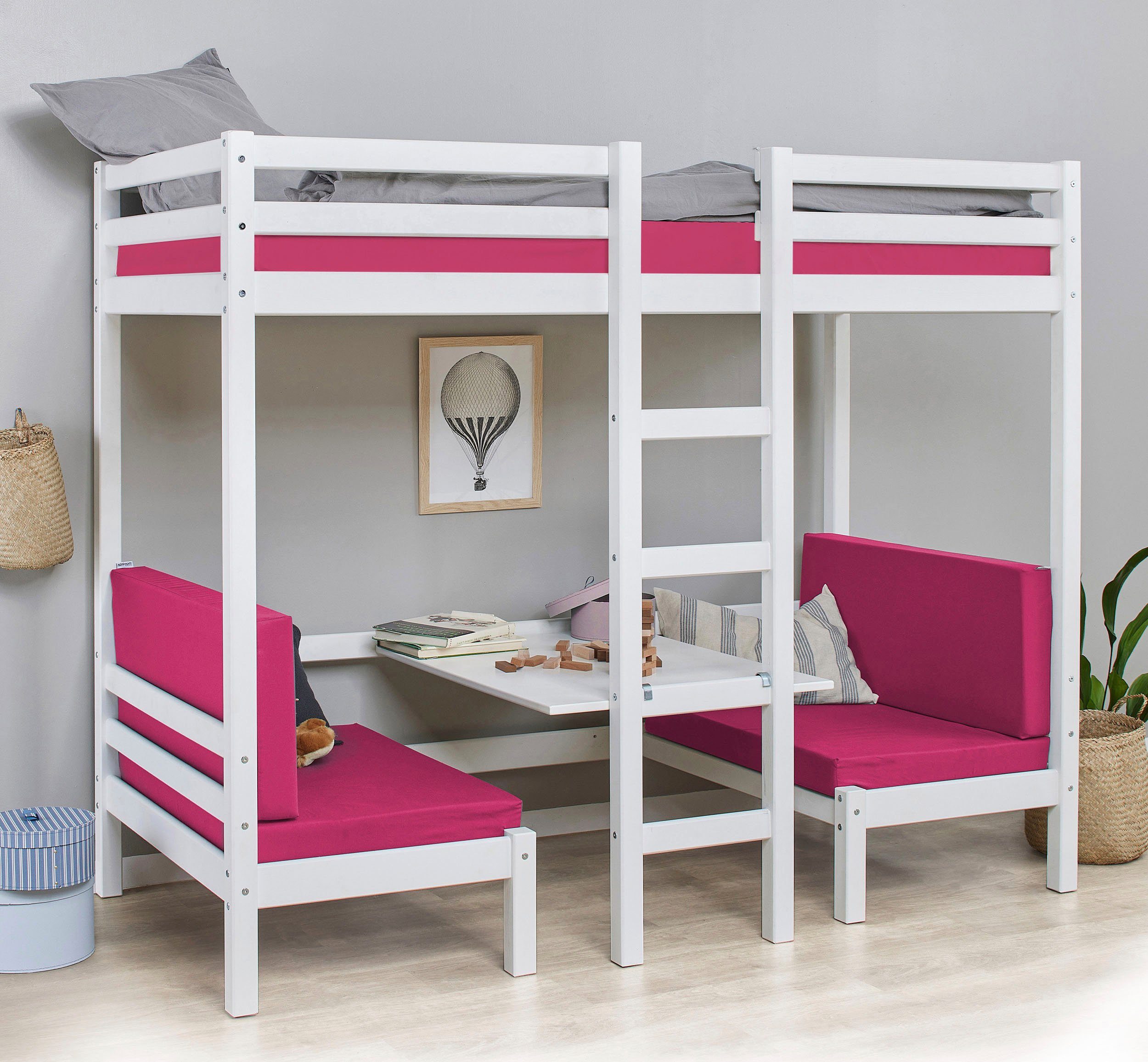 Hoppekids Hochbett Kinderbett ECO Dream, Einzelbett, Juniorbett 90x200 5 verschiedene Farben: Weiß, Grün, Blau, Rosa, Grau