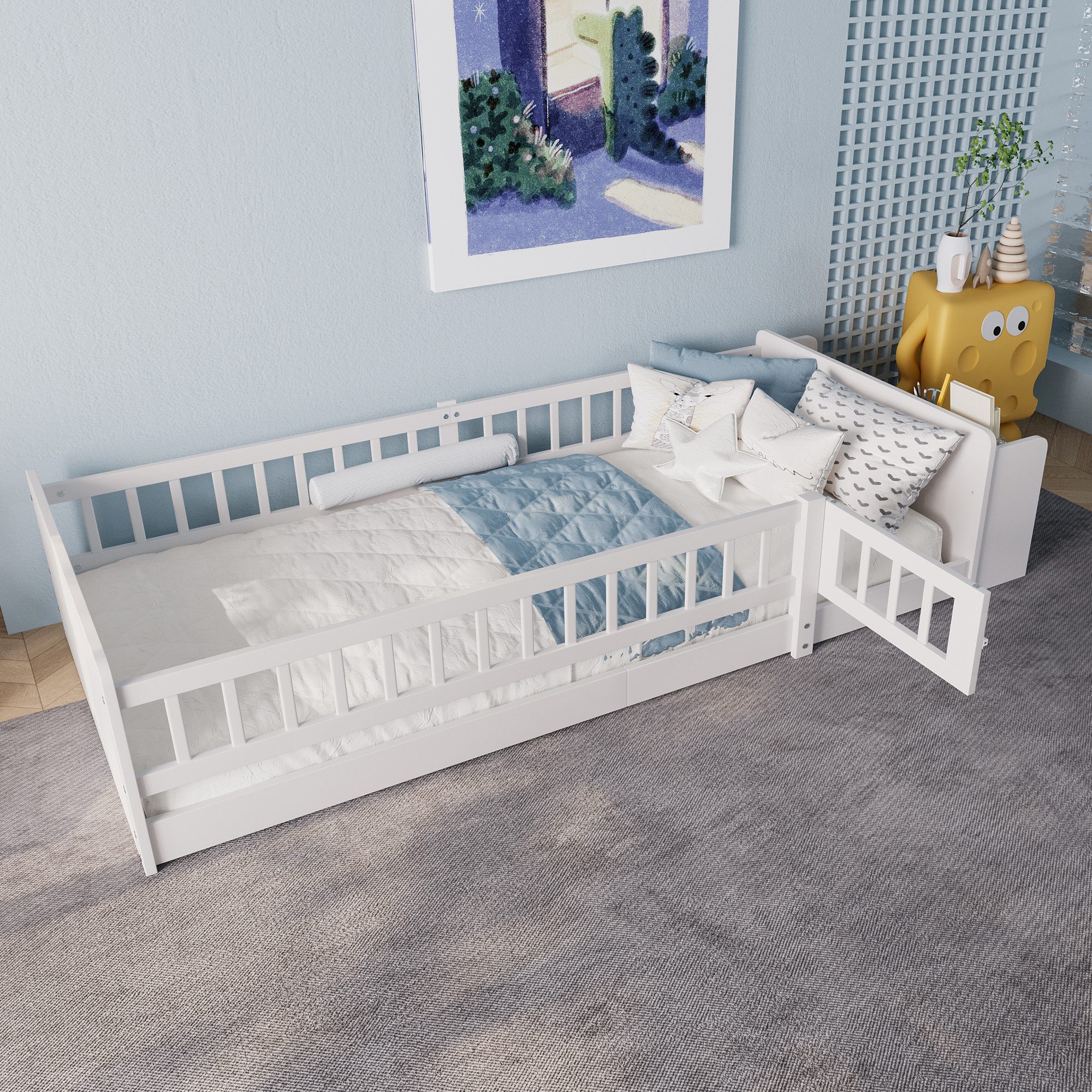 Kinderbett Holzbett mit offenem Lager, Einlegeböden und zu öffnendem Gehäuse