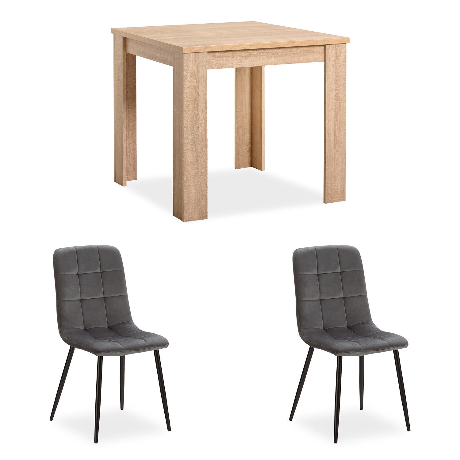 Homestyle4u Essgruppe Esstisch 80x80 mit 2 Stühle Grau Küchentisch klein Sitzgruppe Samt, (Set, 3-tlg., Esszimmergruppe 3 teilig), Essstuhl