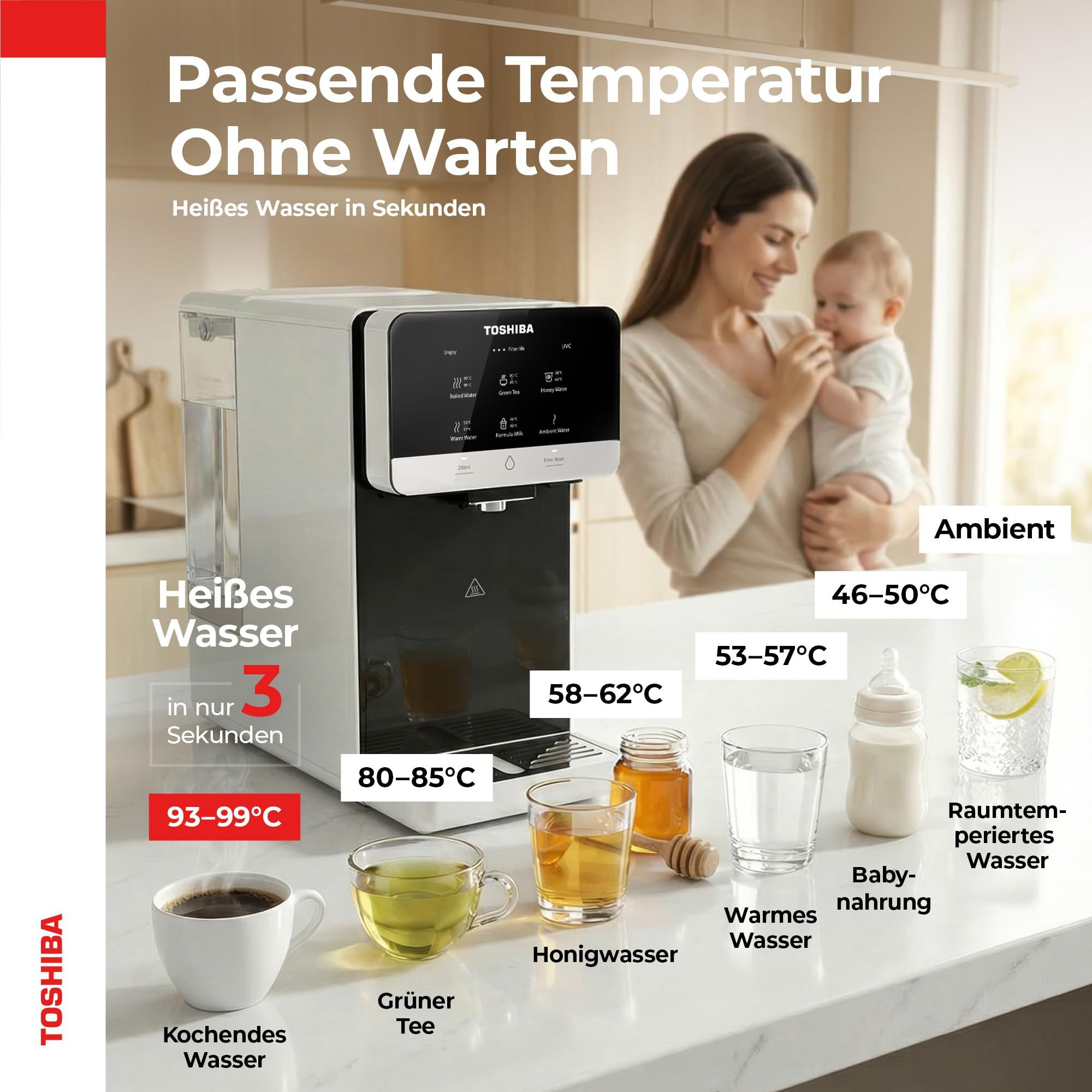 Toshiba Wasserfilter Toshiba Osmoseanlage Weiß, 5in1 Filter, Einstellbare Temperatur, Ohne Wasseranschluß