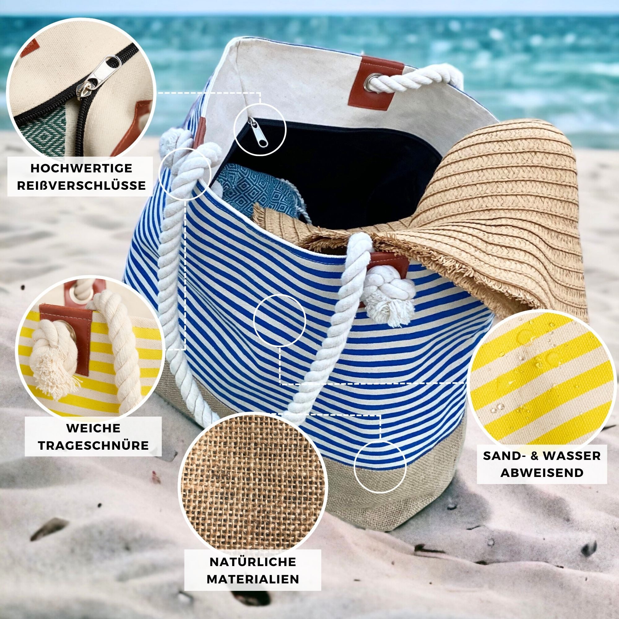 furora HOLIDAY Strandtasche Badetasche mit Reißverschluss & 2x Innentaschen günstig online kaufen