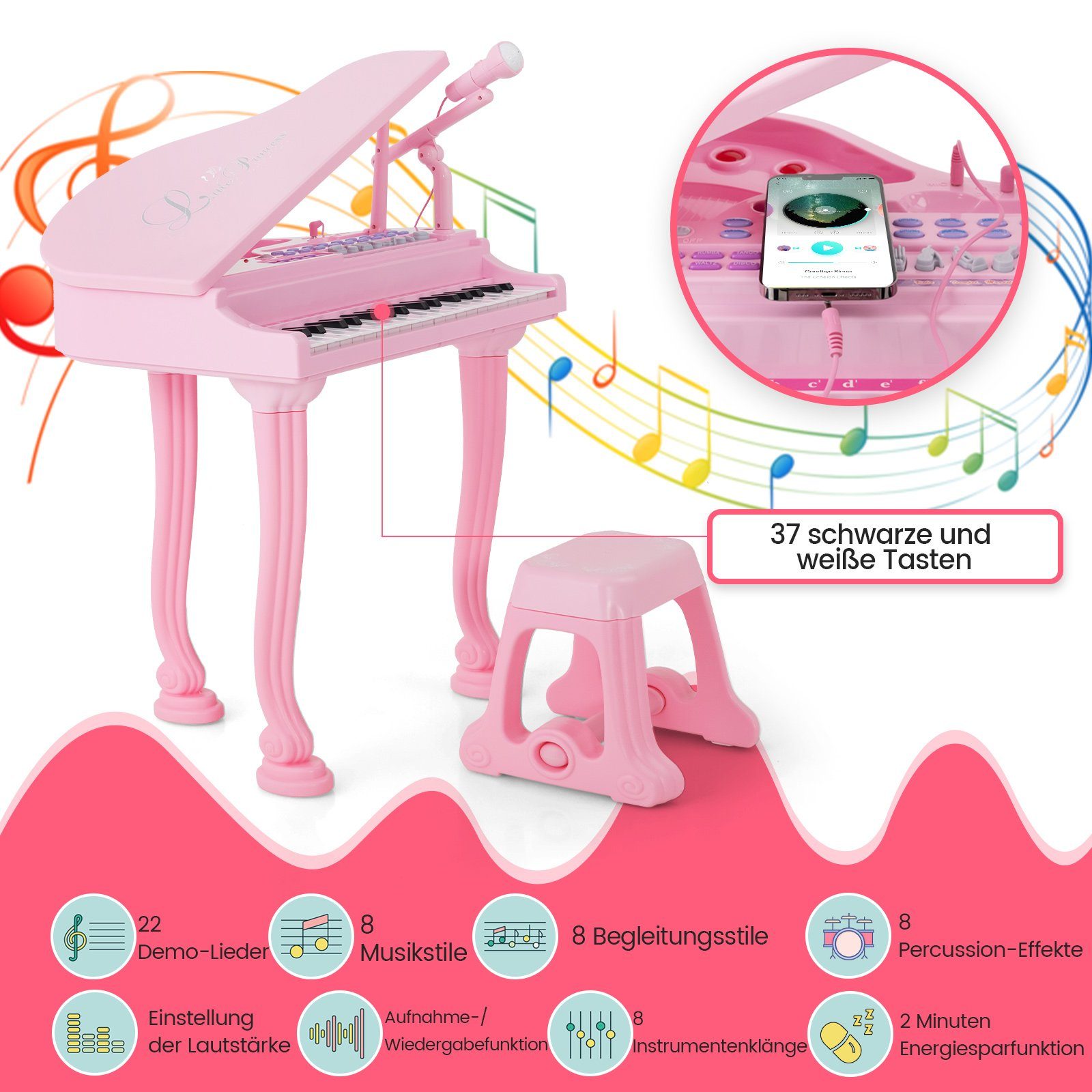 COSTWAY Spielzeug-Musikinstrument 37 Tasten Keyboard, mit Hocker & Mikrofon