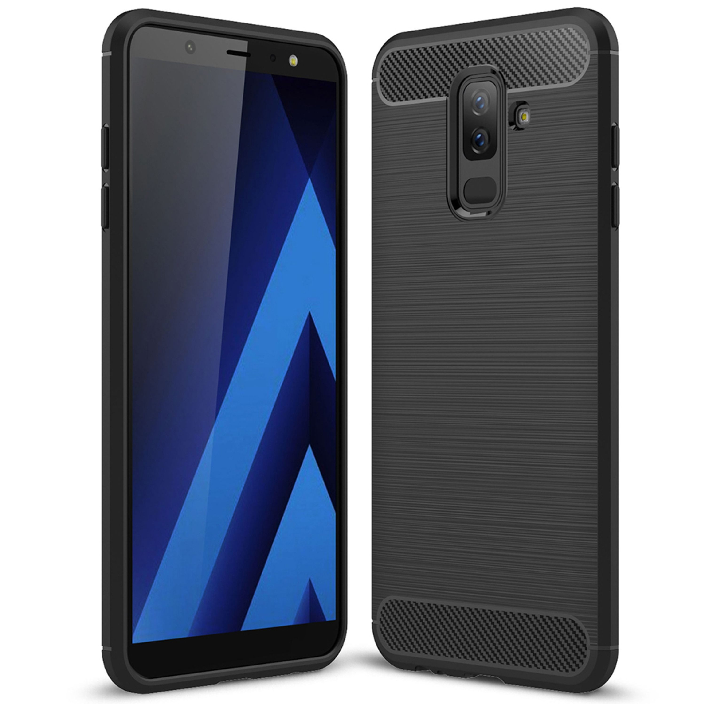 Nalia Smartphone-Hülle Samsung Galaxy A6 Plus 15,2 cm (6 Zoll), Carbon Look Silikon Hülle / Matt Schwarz / Rutschfest / Karbon Optik
