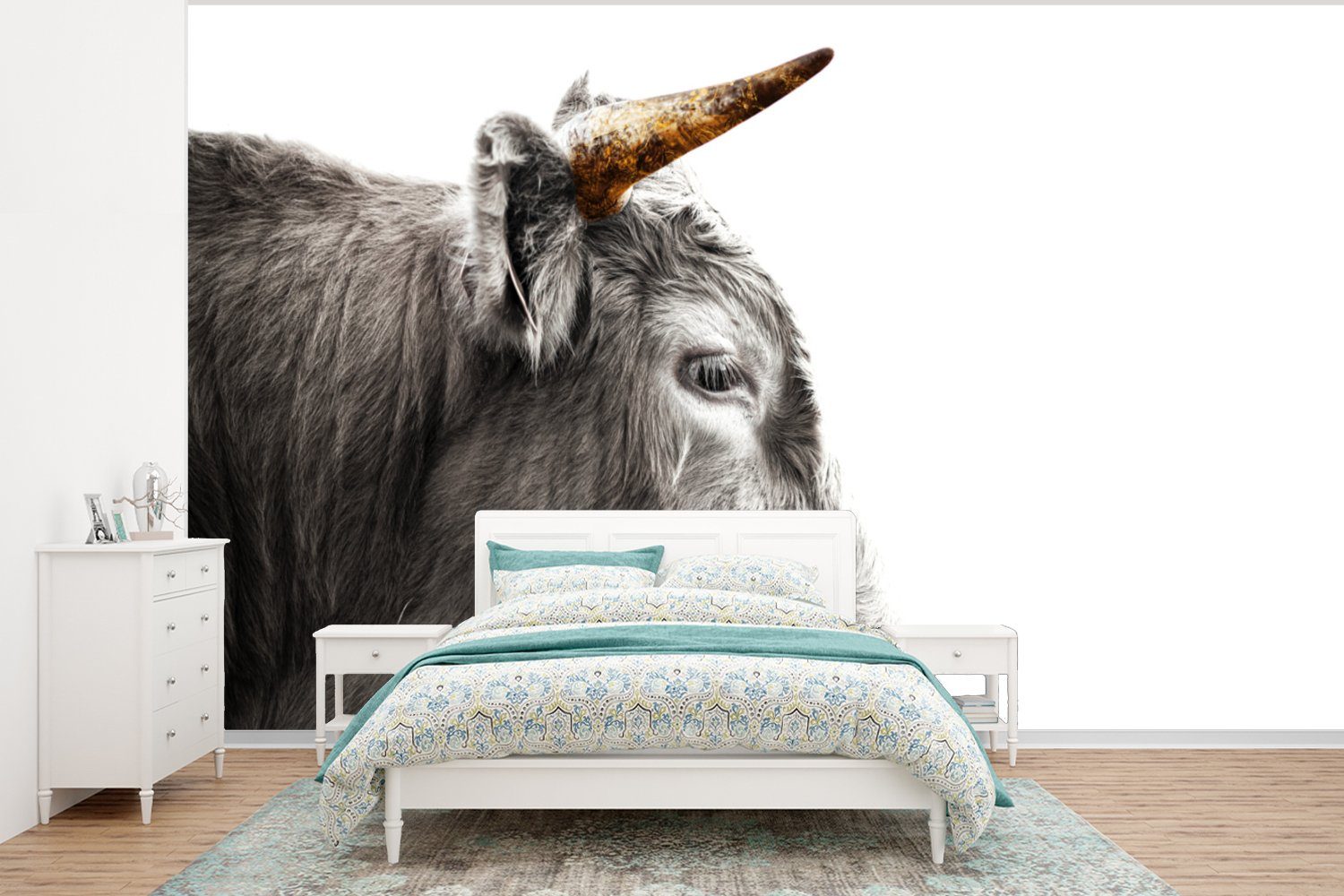 Wohnzimmer, Horn für Schottischer Highlander Kinderzimmer, Wallpaper bedruckt, MuchoWow (6 Schlafzimmer, Matt, St), Fototapete Gold, - Vinyl Tapete -