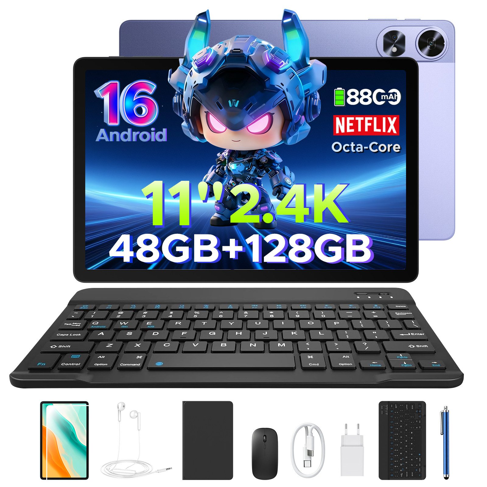 Aorlym P11 Android 16 Tablet 11 Zoll mit Tastatur und Stift, 90Hz, 8800mAh Tablet (11", 128 GB, Android 16, T7250 Octa Core, Gemini AI, 13MP + 5MP, Widevine L1, Face ID/OTG/GPS)