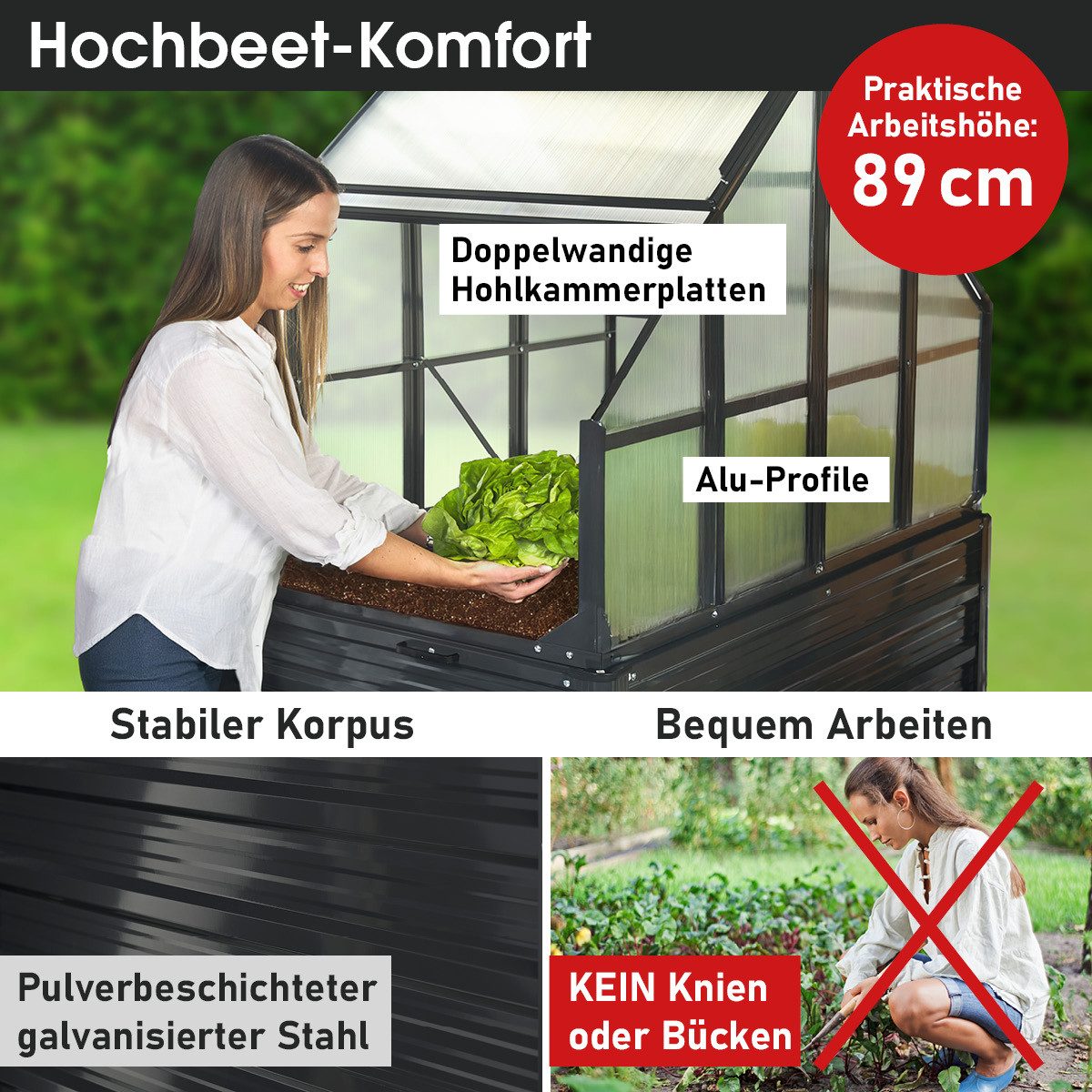 BRAST Hochbeet 2in1 mit Alu Gewächshaus-Aufsatz, 2 Größen zur Auswahl (120x80x167cm, Integriertes Drainage-System, 4mm Hohlkammerplatten, 2 Pflanzwannen), Pflan – Bild 3 von 5