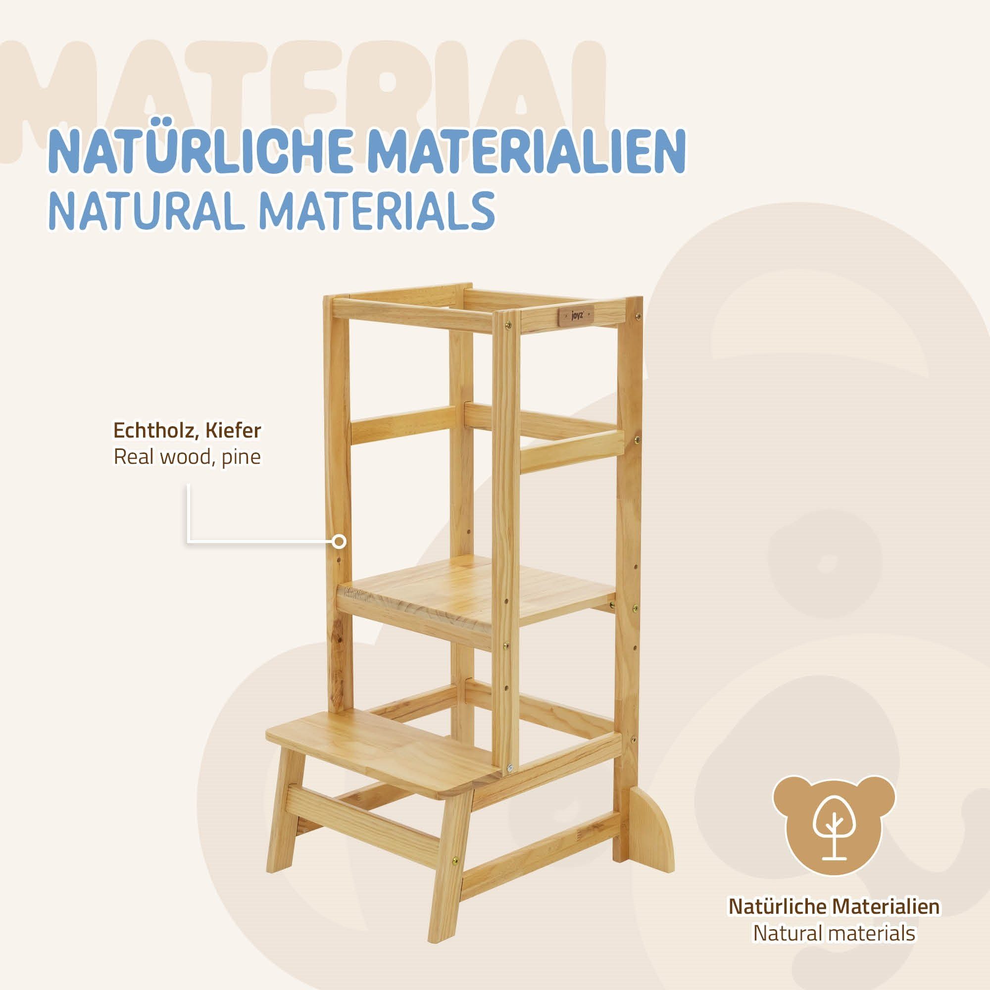 Lernturm Jahr aus Lerntower Kinderstuhl 2 Hochstuhl Schemel 1 Tritthocker verstellbar Montessori, Stufen ab Natur Holz Joyz Schutzstab mit