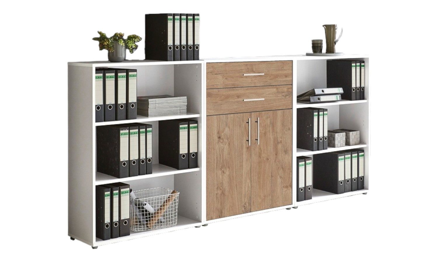 BMG Möbel Aktenschrank Office Edition Schrankwand 14 (3-teiliges Büro-Set, 2x Regal und Schubkastenschrank) Fronten Matt oder Glanz lackiert wählbar, Made in Germany