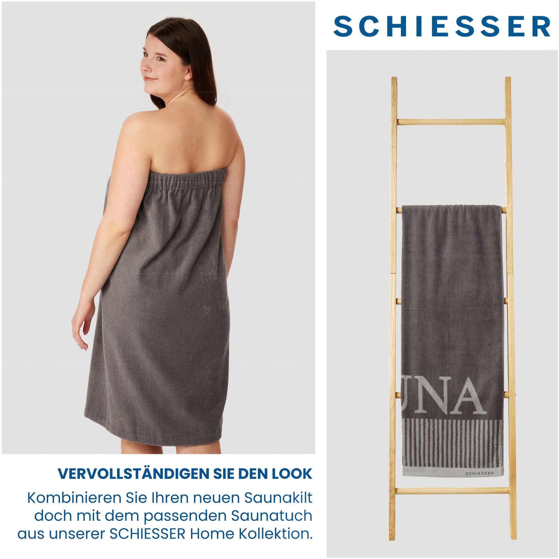 Schiesser Logostickerei Baumwoll-Frottier, Sarong Saunakilt Kurzform, für Frottier, Damen Knöpfe, mit Rom Dunkelgrau aus Streifen-Akzent und saugstarkem