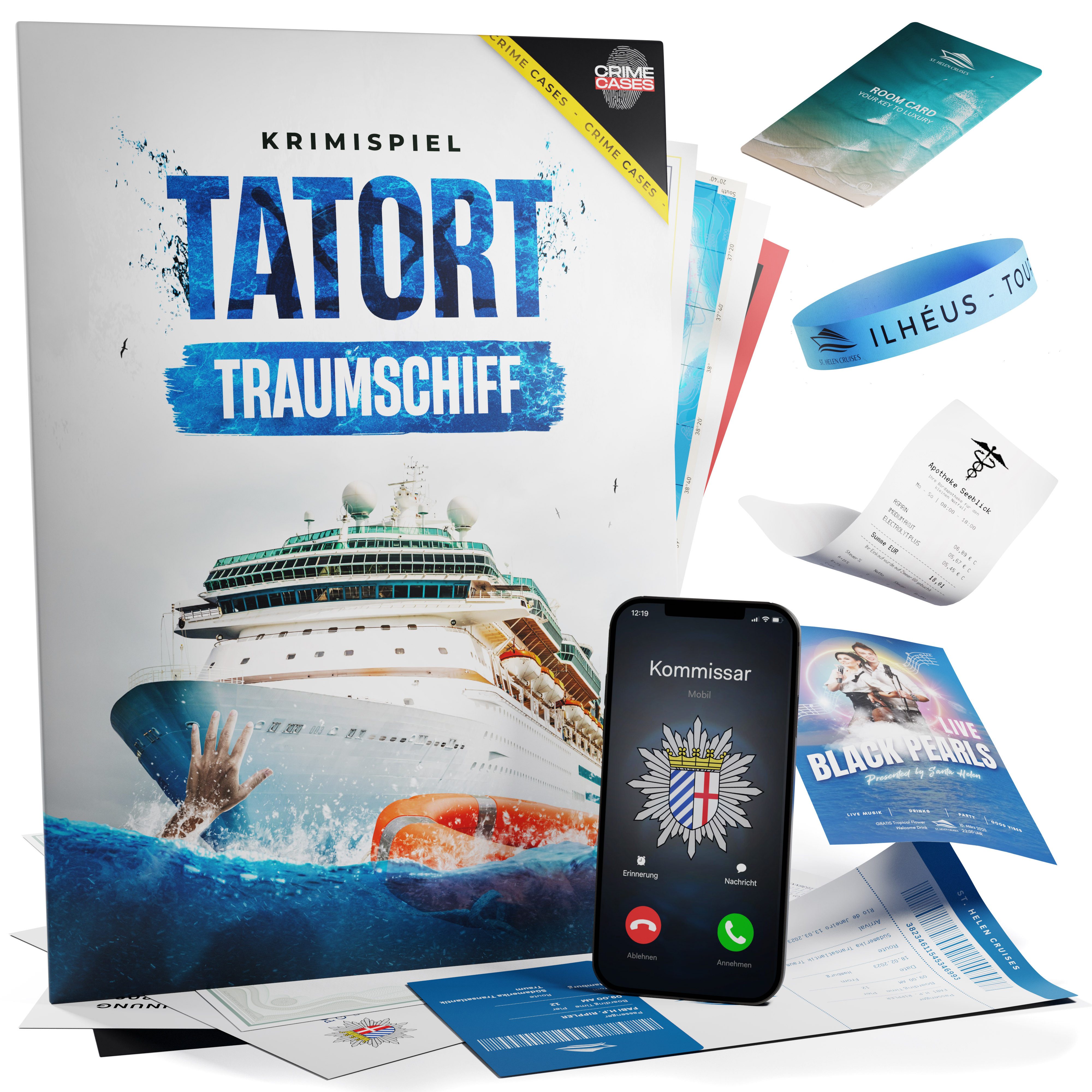 CRIMECASES Spiel Tatort Traumschiff, Mordfall lösen Spiel, Krimispiel für Erwachsene, 1-6 Personen, Escape Spiel für Zuhause