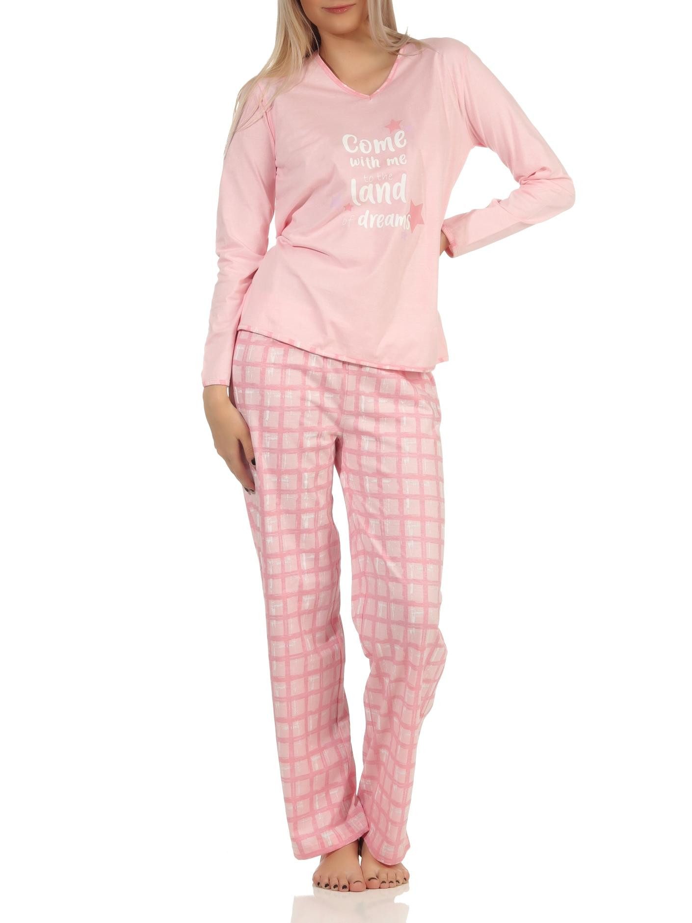 Pyjama Damen Schlafanzug mit karierter Jersey Hose - auch in Übergrößen