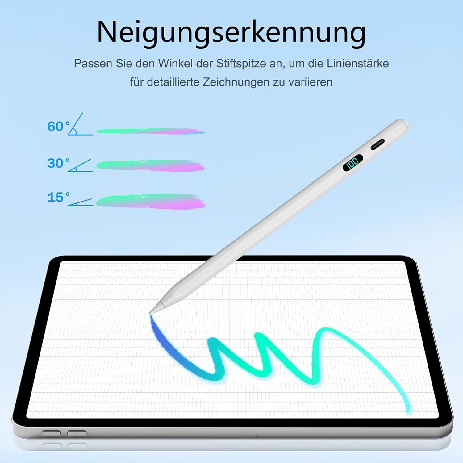 Fyrove Eingabestift Stylus Stift für iPad 2018-2026 mit USB-C Schnellladen (mit 4x iPad Stift Spitzen + Silikon Halterung) mit Neigungserkennung & Palm-Ablehnung & Hohe Präzision
