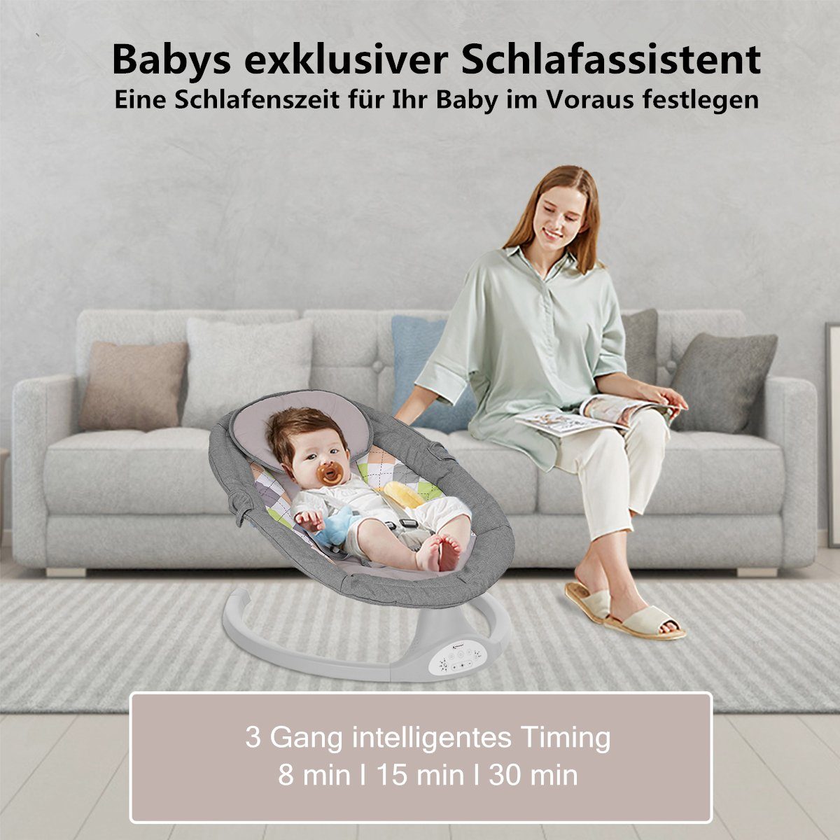 Insma Babywippe elektrisch Babyschaukel 5 Gang Schaukelstuhl Baby, 5-Punkt Sicherheitsgurt, 0-12 Monat max. 9kg