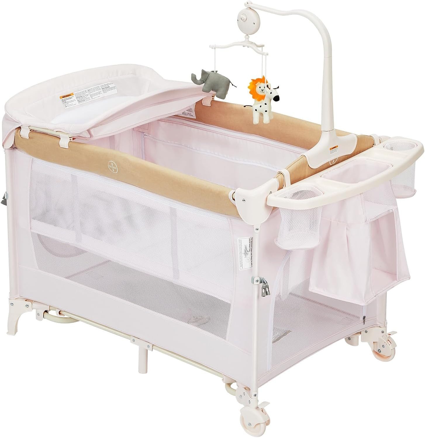 GarveeMore Baby-Reisebett 4-in-1 Baby Beistellbett Mit Rollen Klappbar,Laufstall, Wickeltisch&Wiege,Inklusive Matratze,Tragetasche,Musikspiel Mobile
