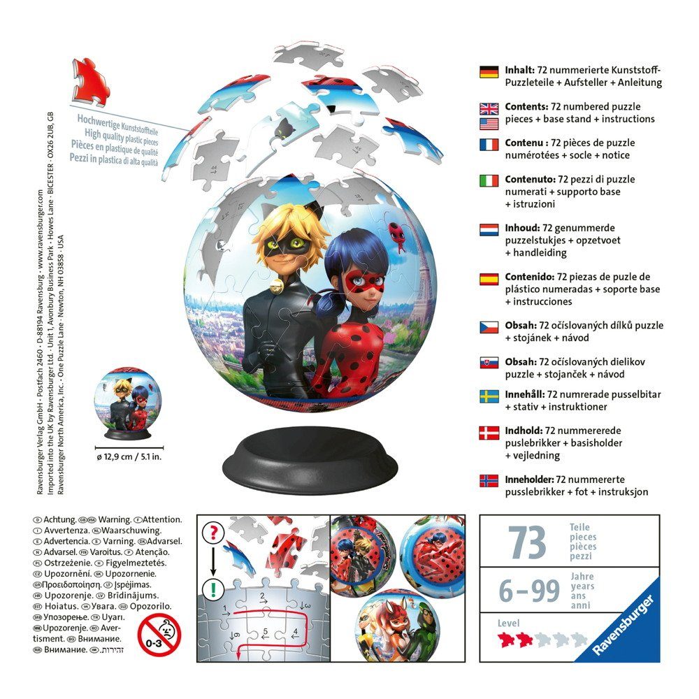 Ravensburger 3D-Puzzle 72 Teile Ravensburger 3D Puzzle Ball Miraculous 11167, 72 Puzzleteile