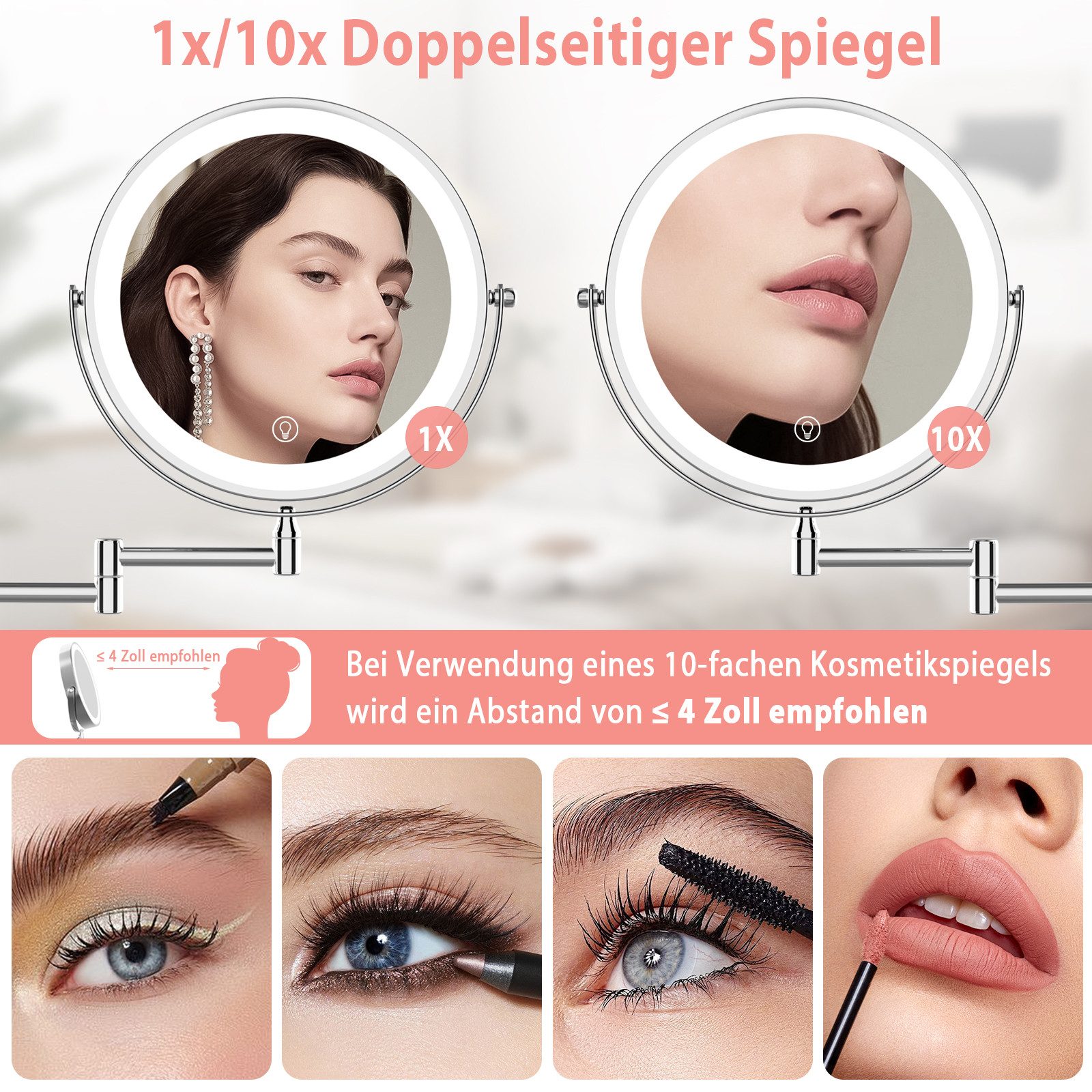 skelo Kosmetikspiegel Schminkspiegel mit Beleuchtung und Wandmontage, 1X/10X Vergrößerung (1-St., Schminkspiegel Wandmontage), USB-C, 3 Lichtfarben, Touchscreen, 360° Drehbar für Badezimmer