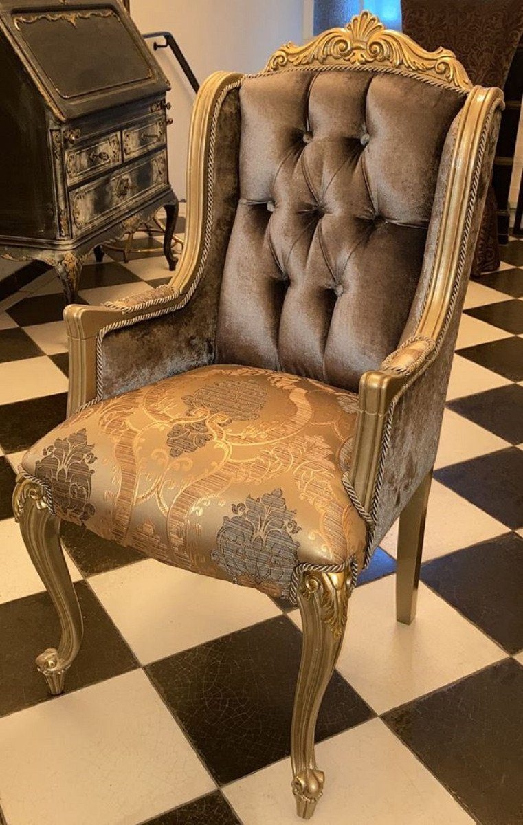 Casa Padrino Esszimmerstuhl Luxus Barock Esszimmerstuhl mit Armlehnen Silbergrau / Gold - Prunkvoller Massivholz Stuhl im Barockstil - Barock Esszimmer Möbel