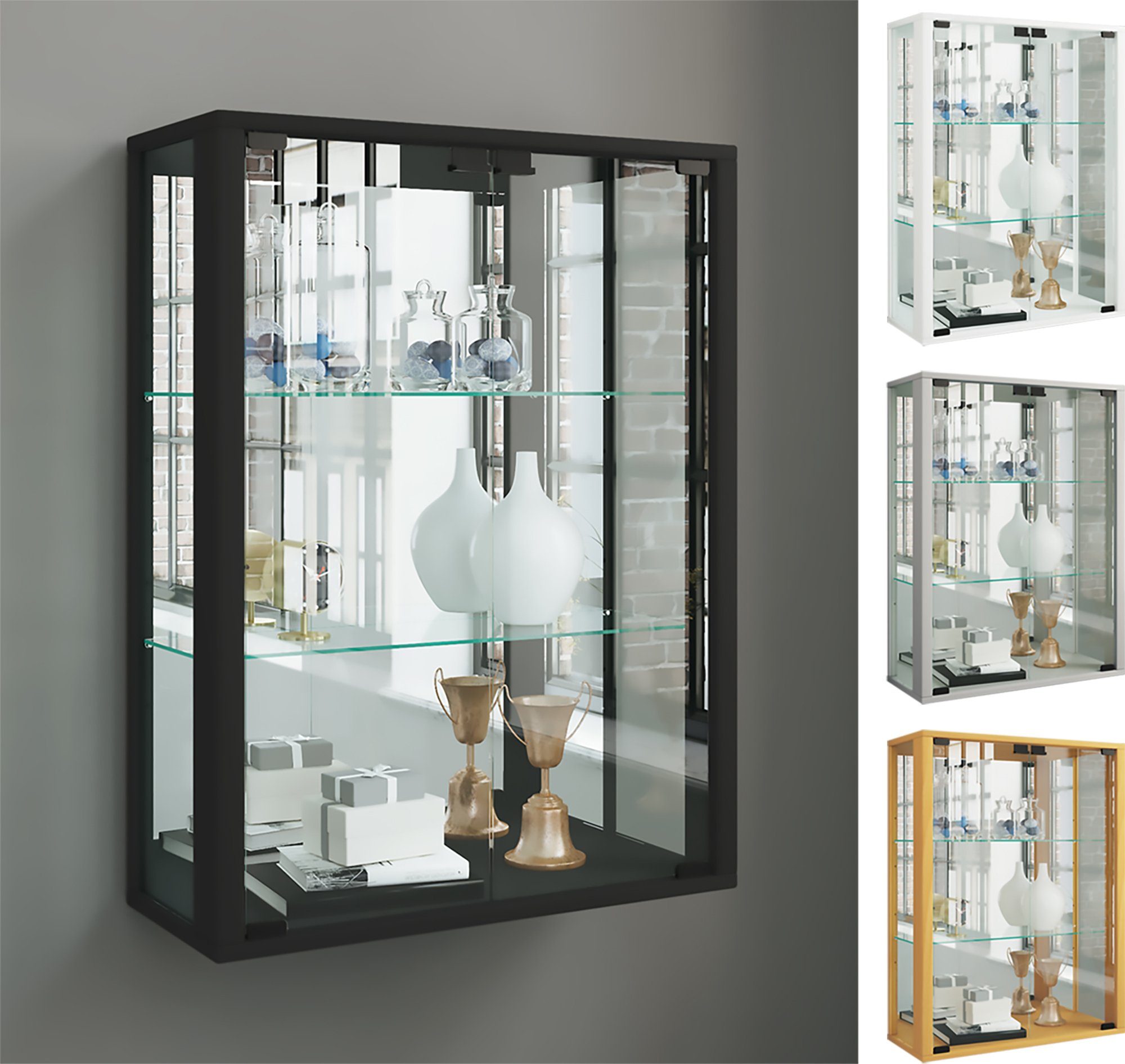 VCM Hängevitrine Wandvitrine Hängevitrine Glasvitrine Udina Spiegel Silber