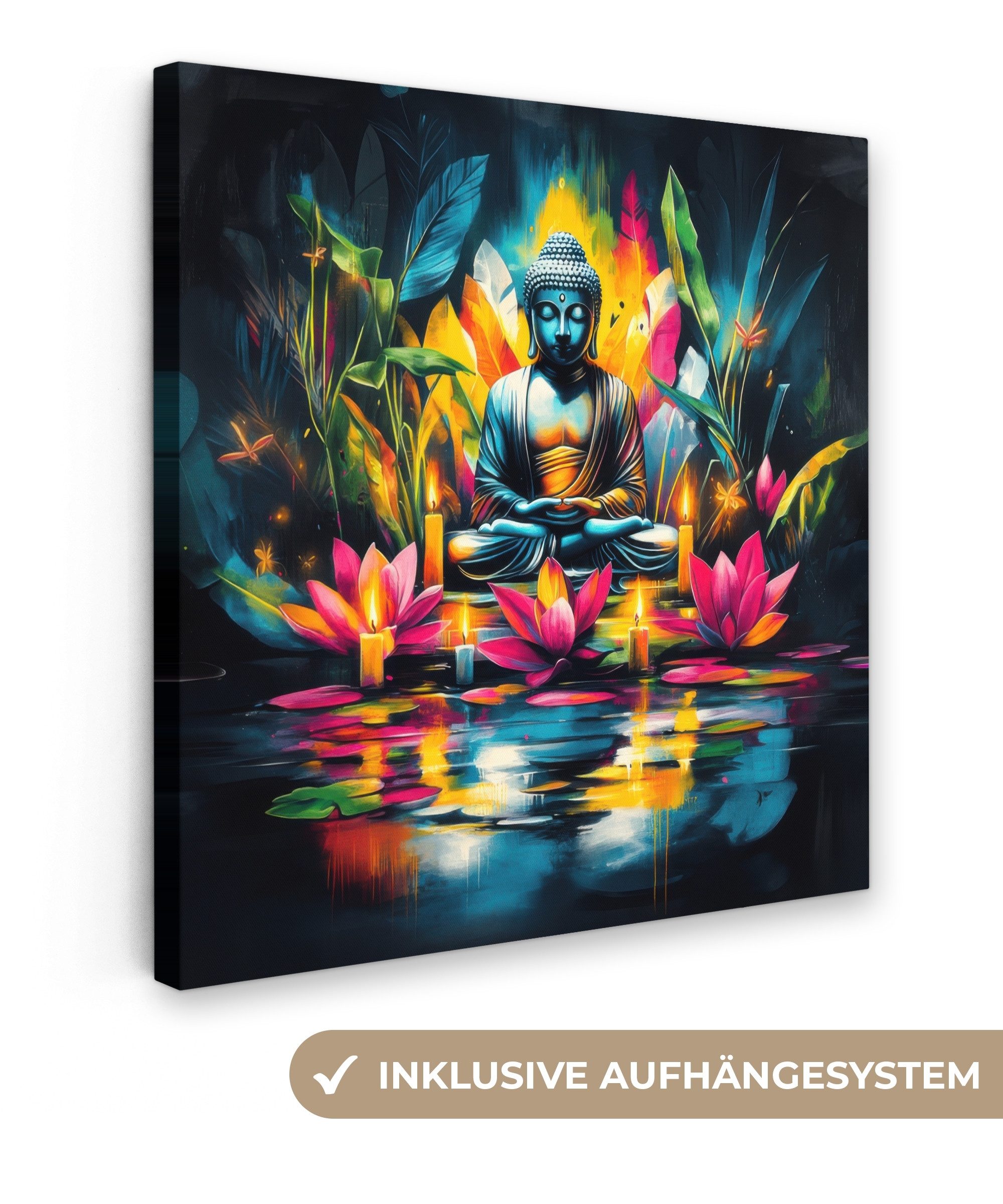 OneMillionCanvasses® Leinwandbild Kerzen - Blumen - Buddha - Wasser, Fotodruck (1 St), Wandbild, Deko Schlafzimmer Wohnzimmer Flur 20x20 cm
